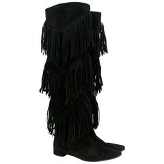 Roger Vivier Black Suede Over the Knee Fringe Boots 37.5