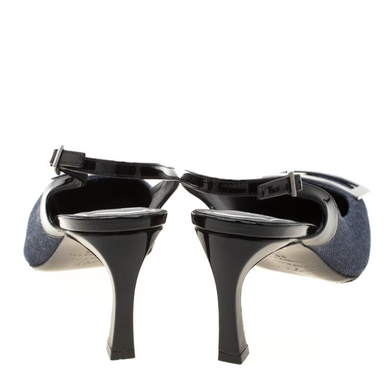 Roger Vivier Blue Denim And Black Leather Trompette Slingback Sandals Size 38 2