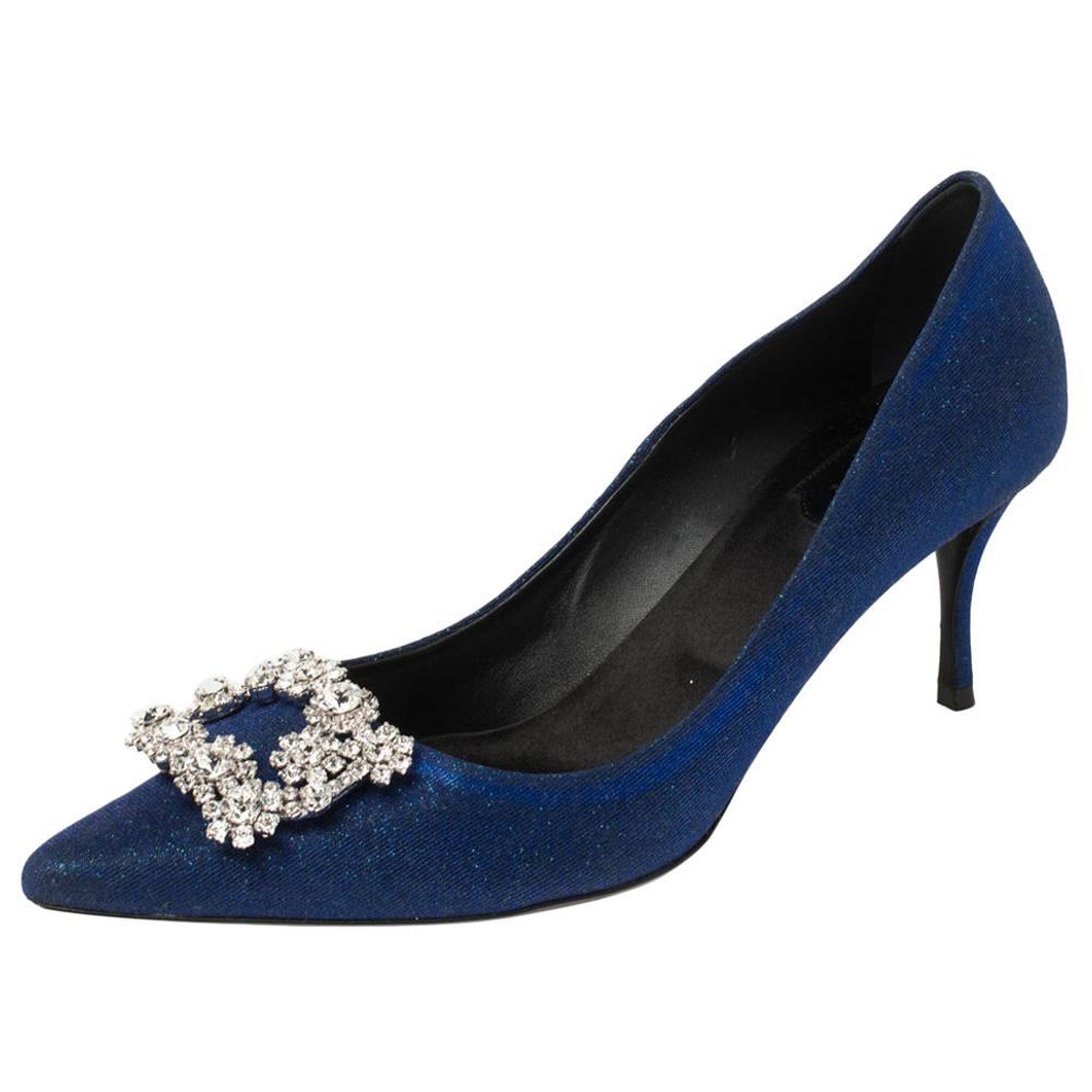 Roger Vivier Blue Glitter Fabric Flower Strass Crystal Pointed Toe Pumps Size 40