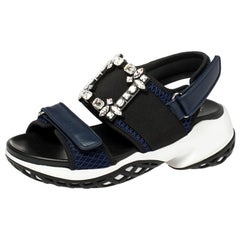 Roger Vivier Blue Leather And Mesh Viv Run Strass Buckle Sandals Size 38