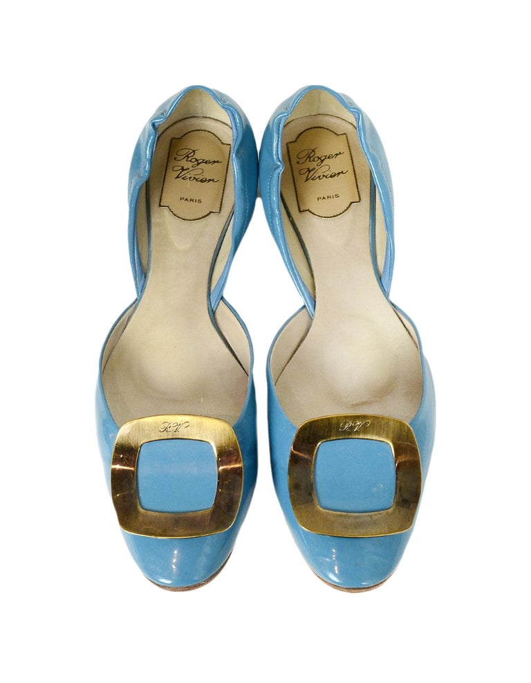 Roger Vivier Blue Patent Leather Ballerine Chips d'Orsay Flats sz 39.5 rt $650 For Sale at 1stdibs