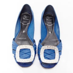 ROGER VIVIER blue satin crystal square buckles woven front pep toe flats EU34.5