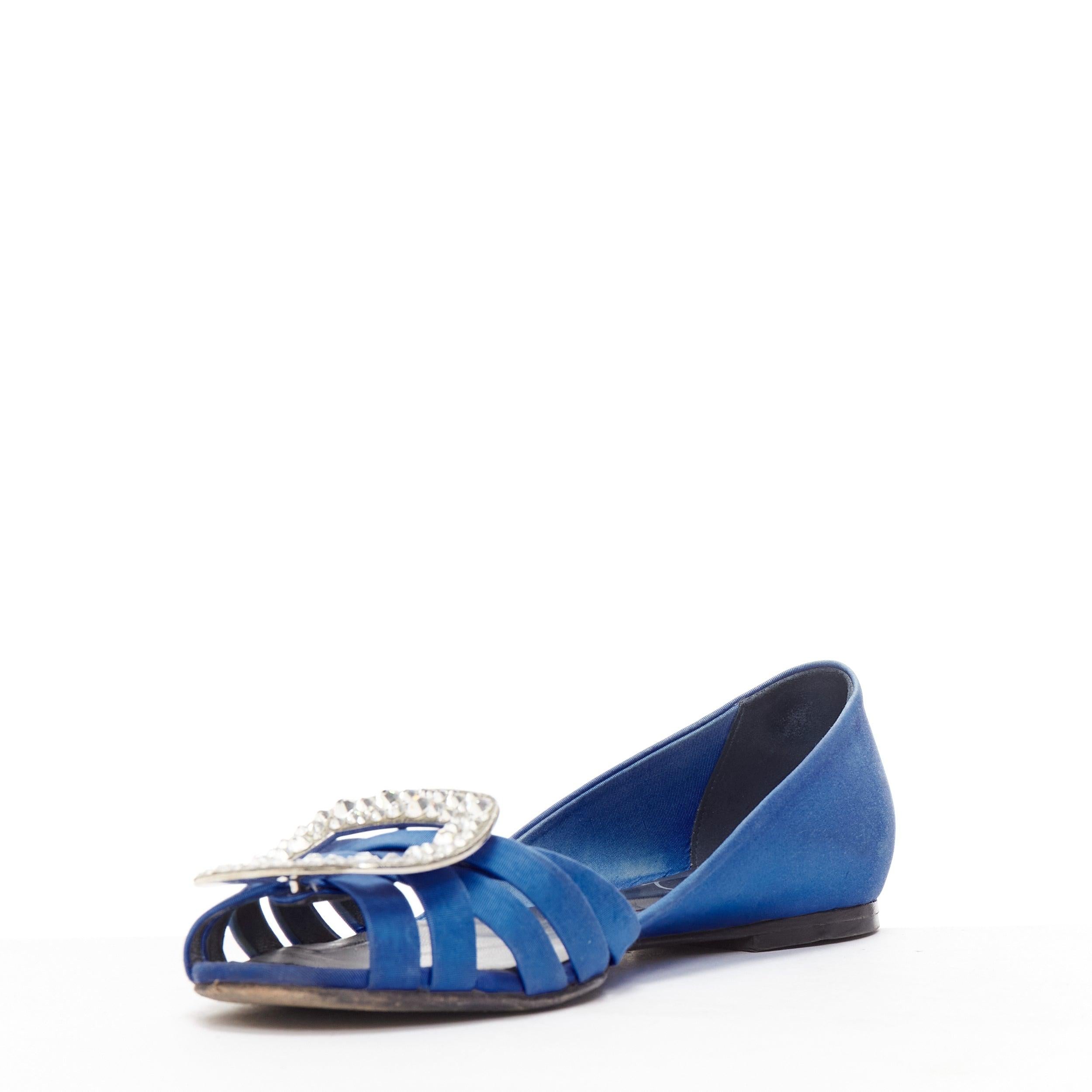 ROGER VIVIER blue satin crystal square buckles woven front pep toe flats EU34.5 In Fair Condition For Sale In Hong Kong, NT
