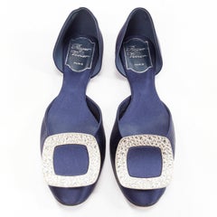 ROGER VIVIER Chips Strass navy satin crystal square buckles flat shoes EU35