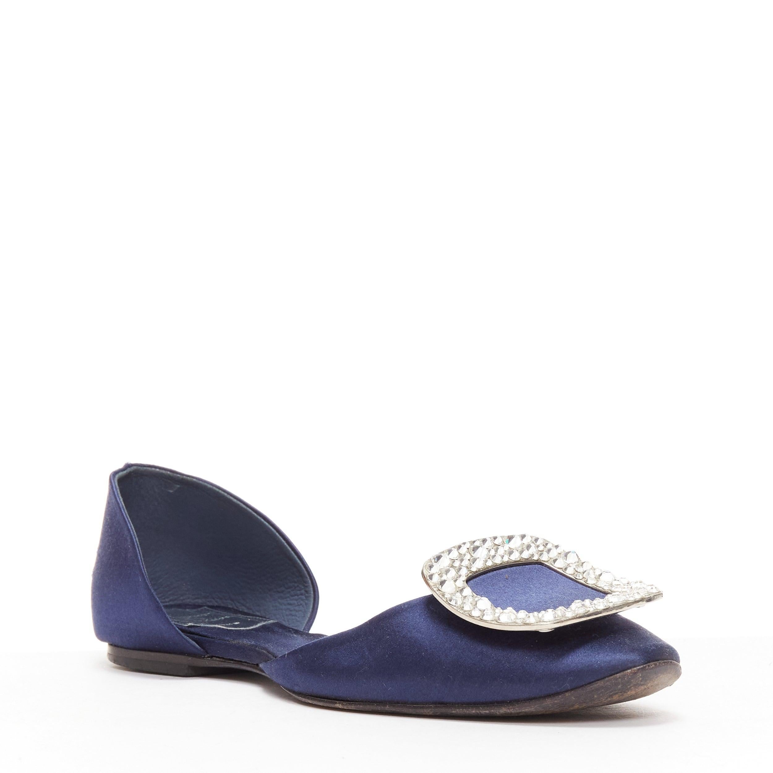Black ROGER VIVIER Chips Strass navy satin crystal square buckles flat shoes EU35