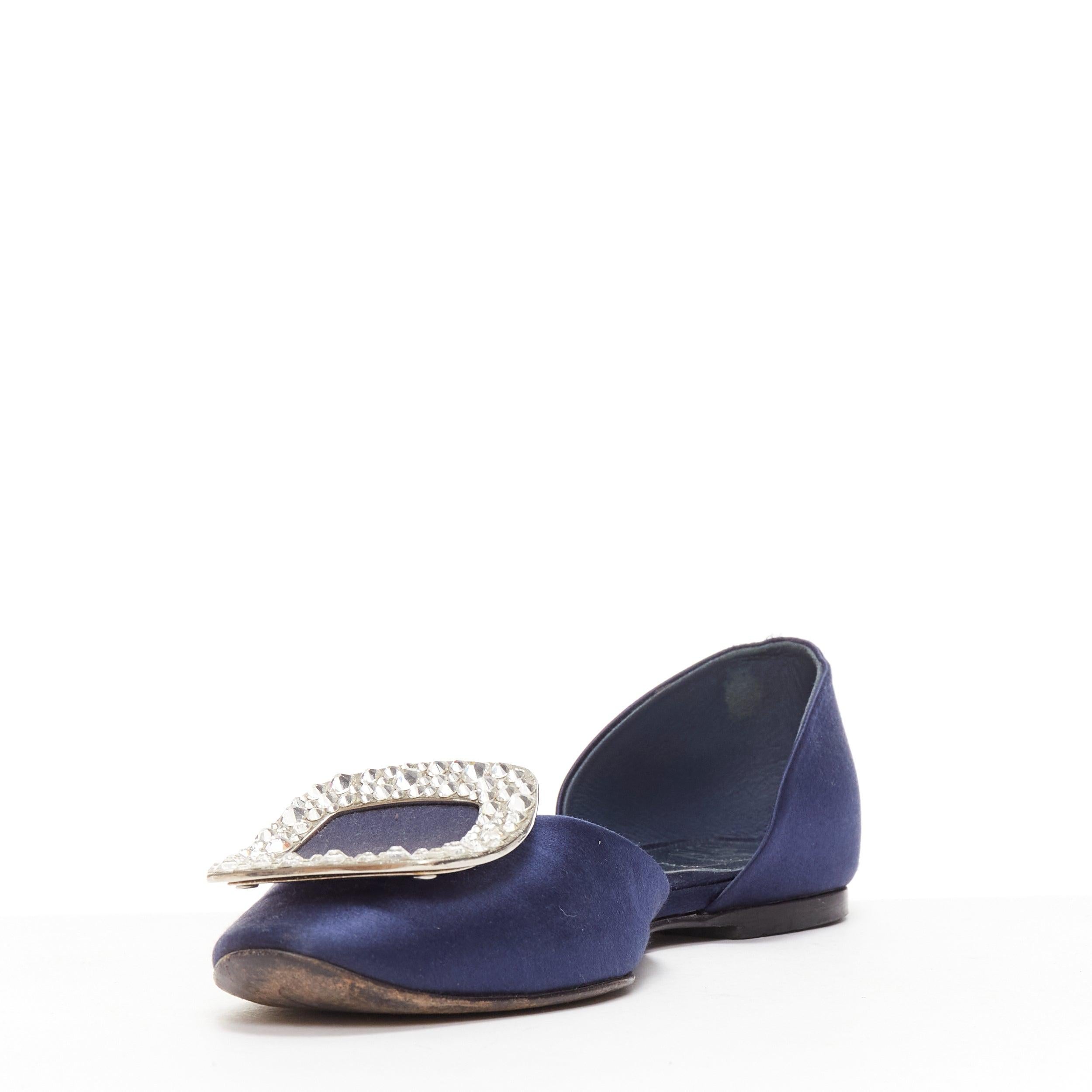 ROGER VIVIER Chips Strass navy satin crystal square buckles flat shoes EU35 In Good Condition For Sale In Hong Kong, NT