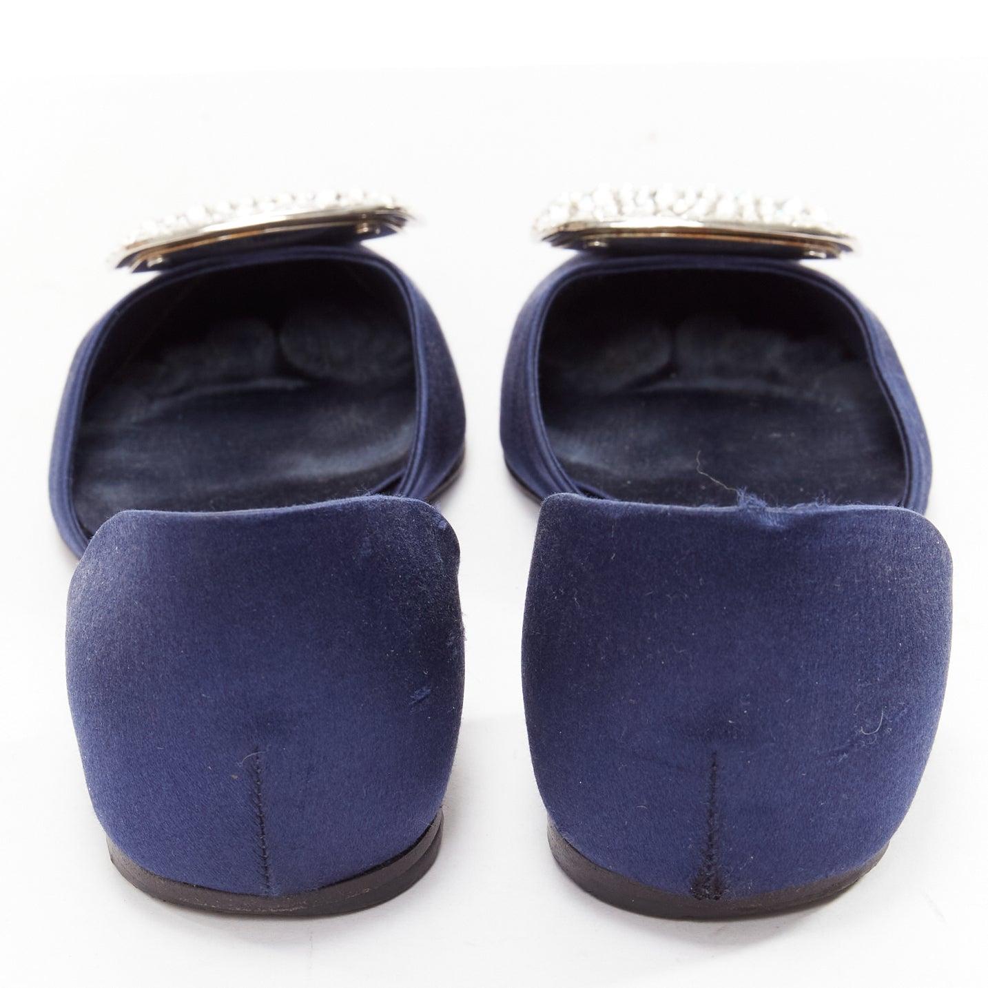Women's ROGER VIVIER Chips Strass navy satin crystal square buckles flat shoes EU35 For Sale