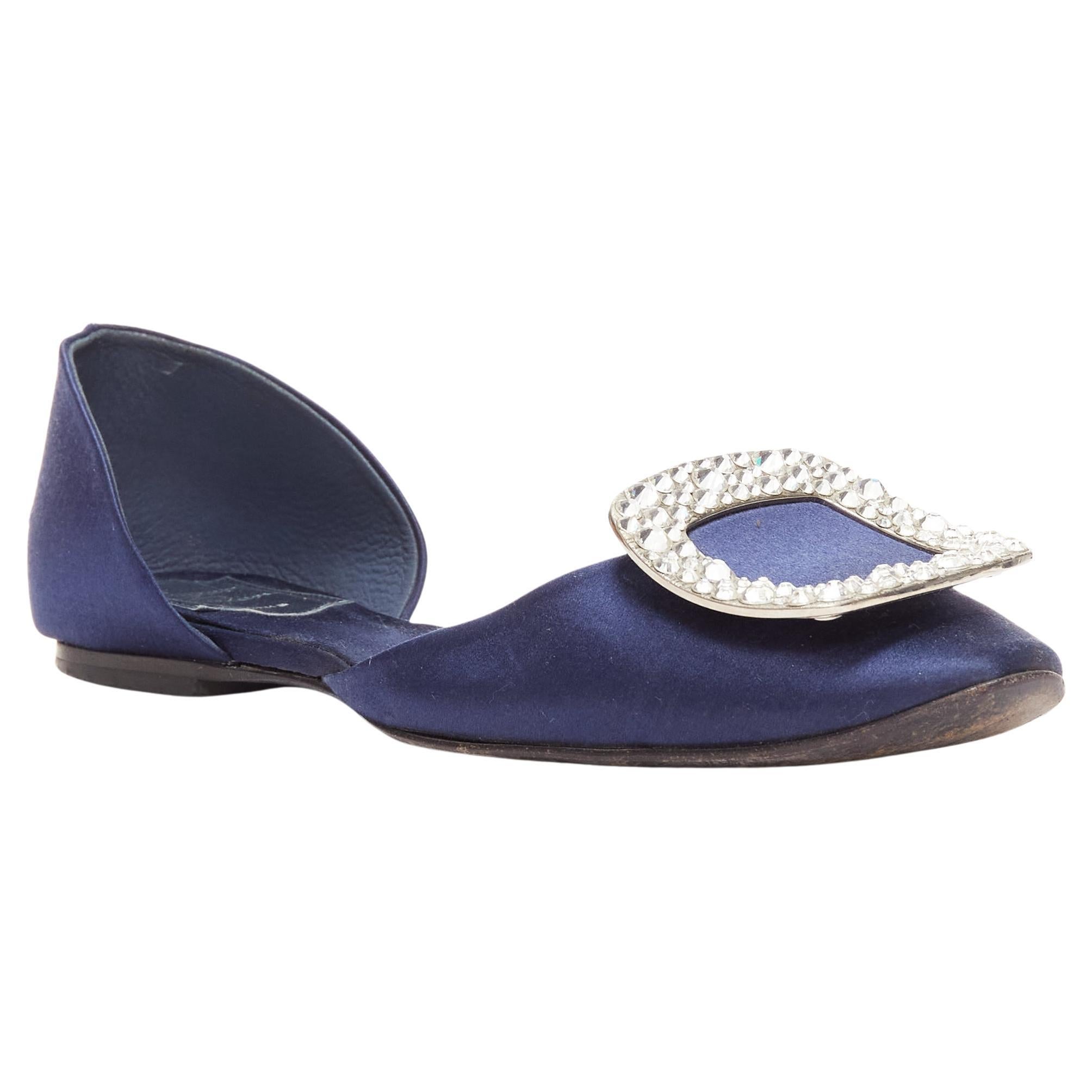 ROGER VIVIER Chips Strass navy satin crystal square buckles flat shoes EU35 For Sale