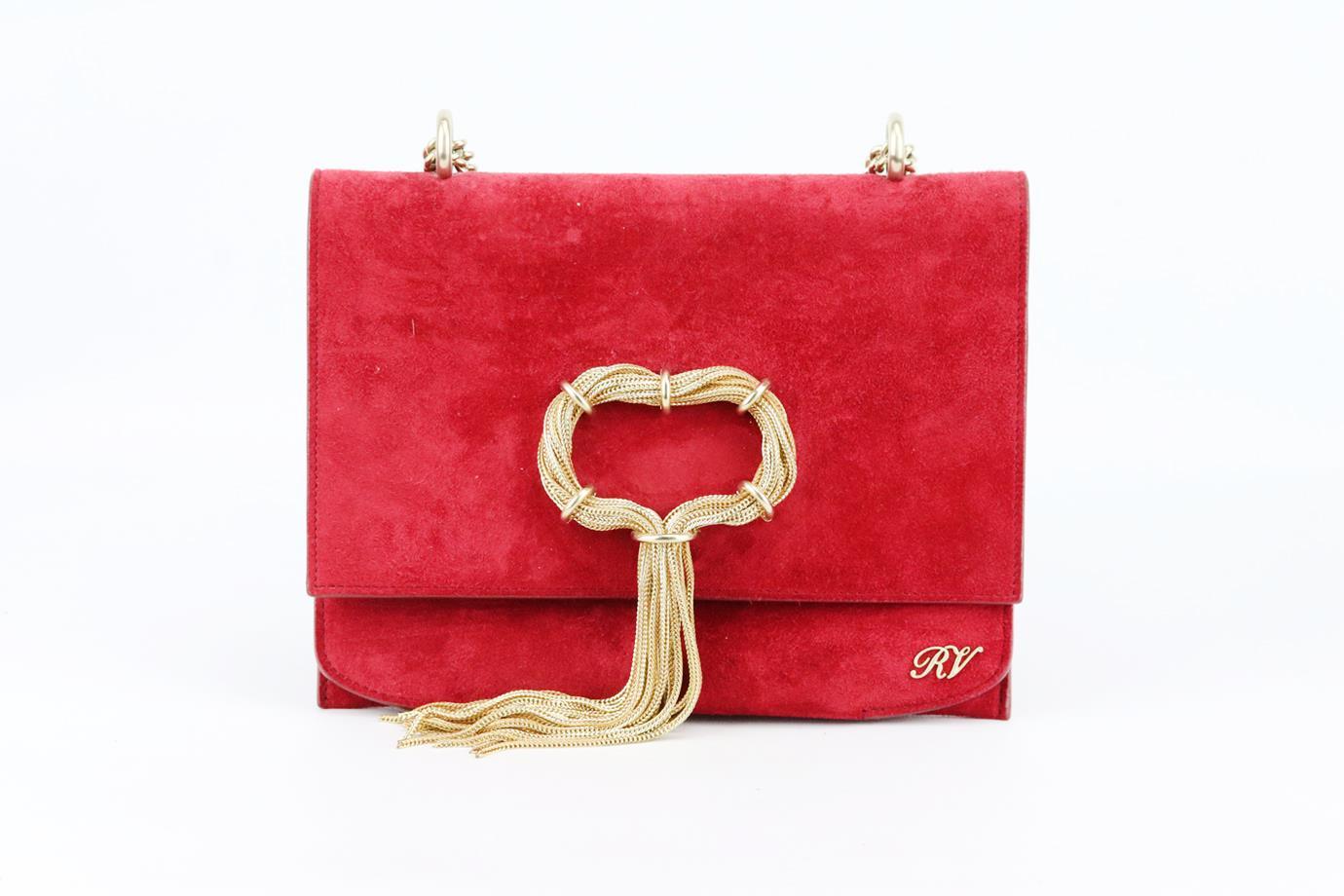 Roger Vivier Club chain embellished suede shoulder bag. Made from red suede with gold-tone chain-detail on the front and finished with a chunky-chain shoulder strap. Red. Push lock fastening at front. Does not come with dustbag or box. Height: 6.5