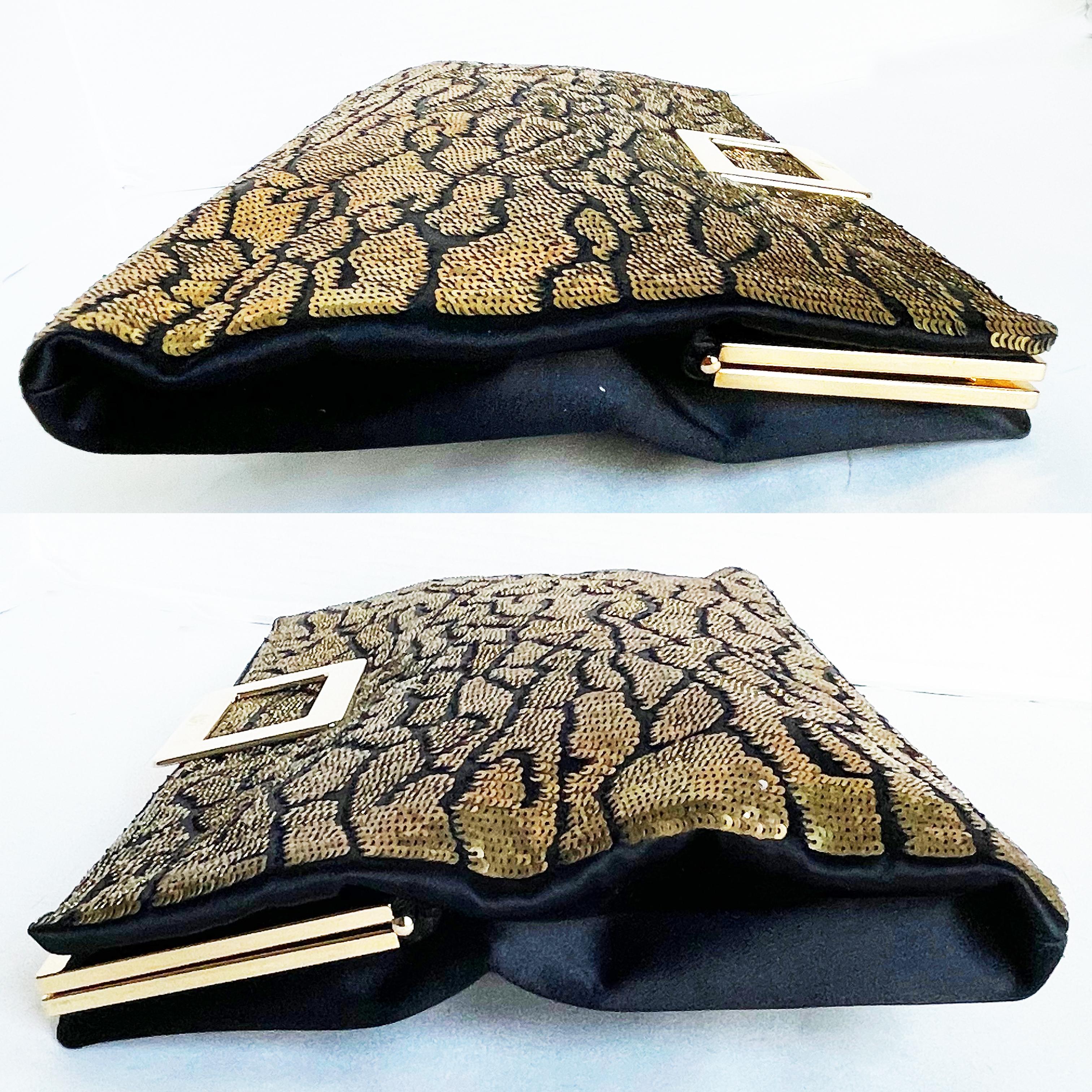 Roger Vivier Clutch Crossbody Evening Bag Gold Sequins Black Satin Embellished For Sale 6