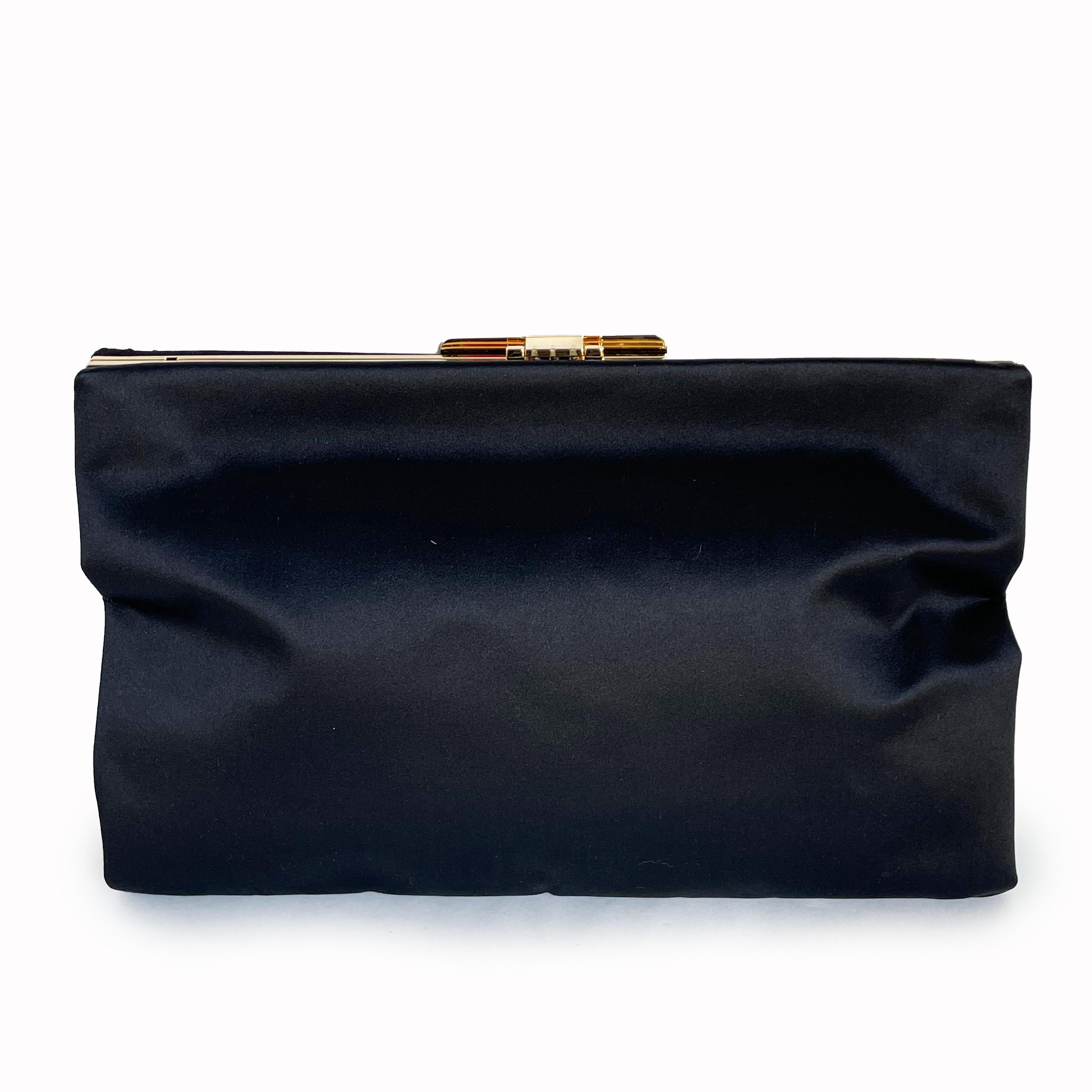 Roger Vivier Clutch Crossbody Evening Bag Gold Sequins Black Satin Embellished For Sale 7