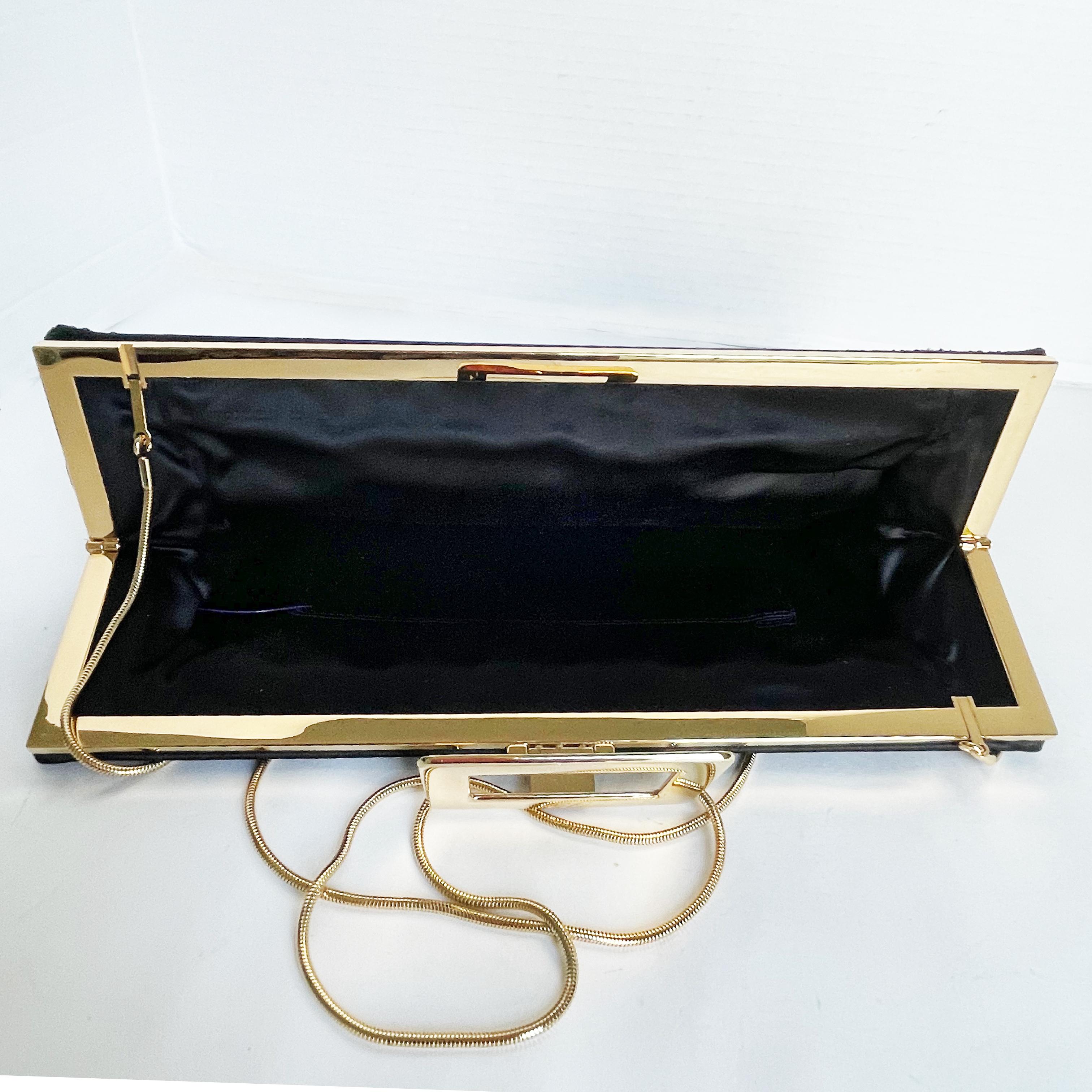Roger Vivier Clutch Crossbody Evening Bag Gold Sequins Black Satin Embellished For Sale 9