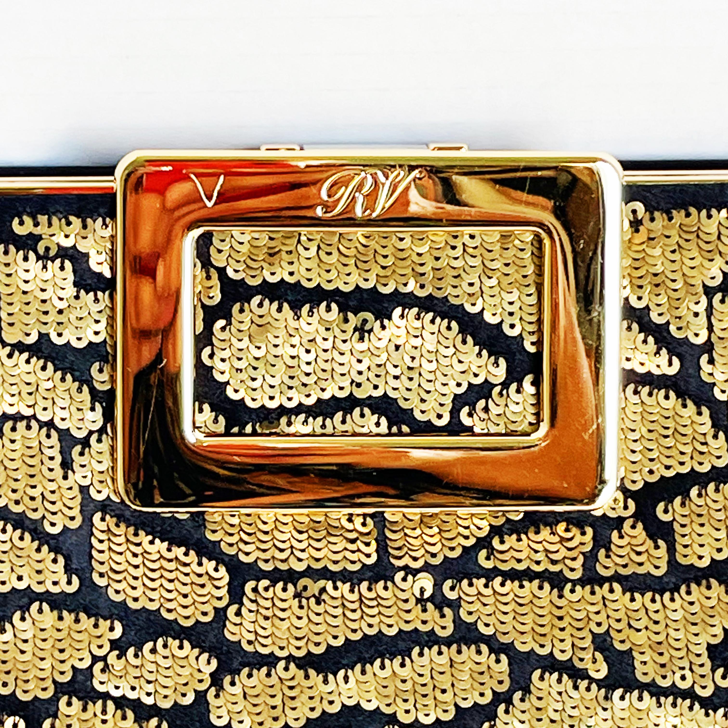 Roger Vivier Clutch Crossbody Evening Bag Gold Sequins Black Satin Embellished For Sale 10