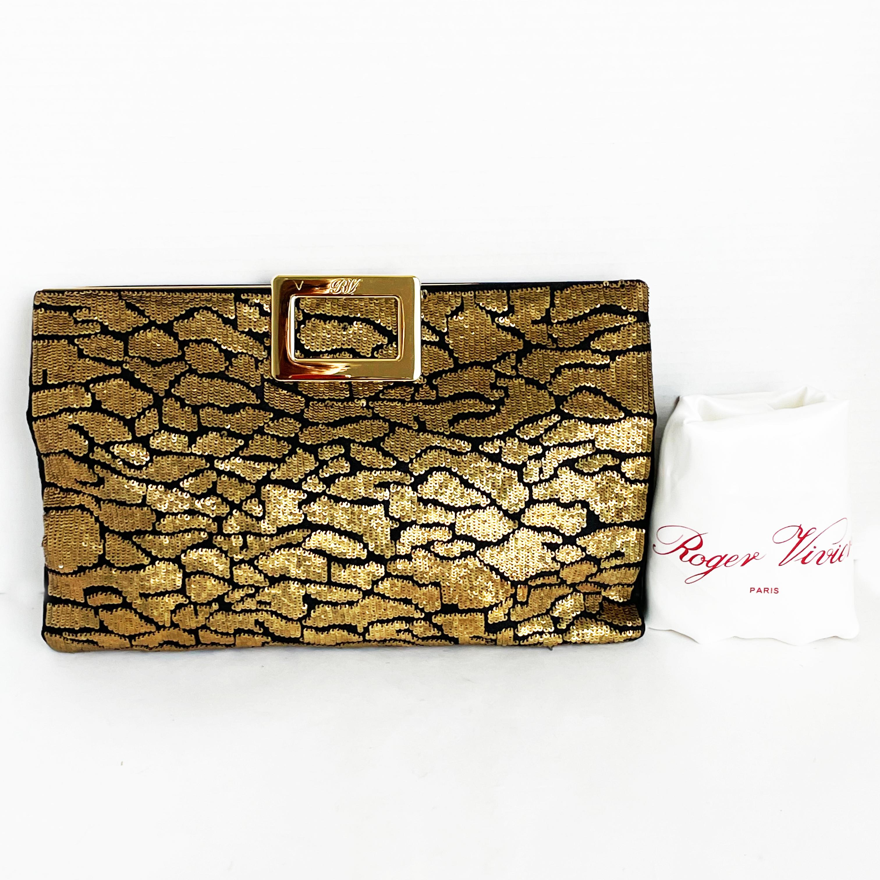 Brown Roger Vivier Clutch Crossbody Evening Bag Gold Sequins Black Satin Embellished For Sale