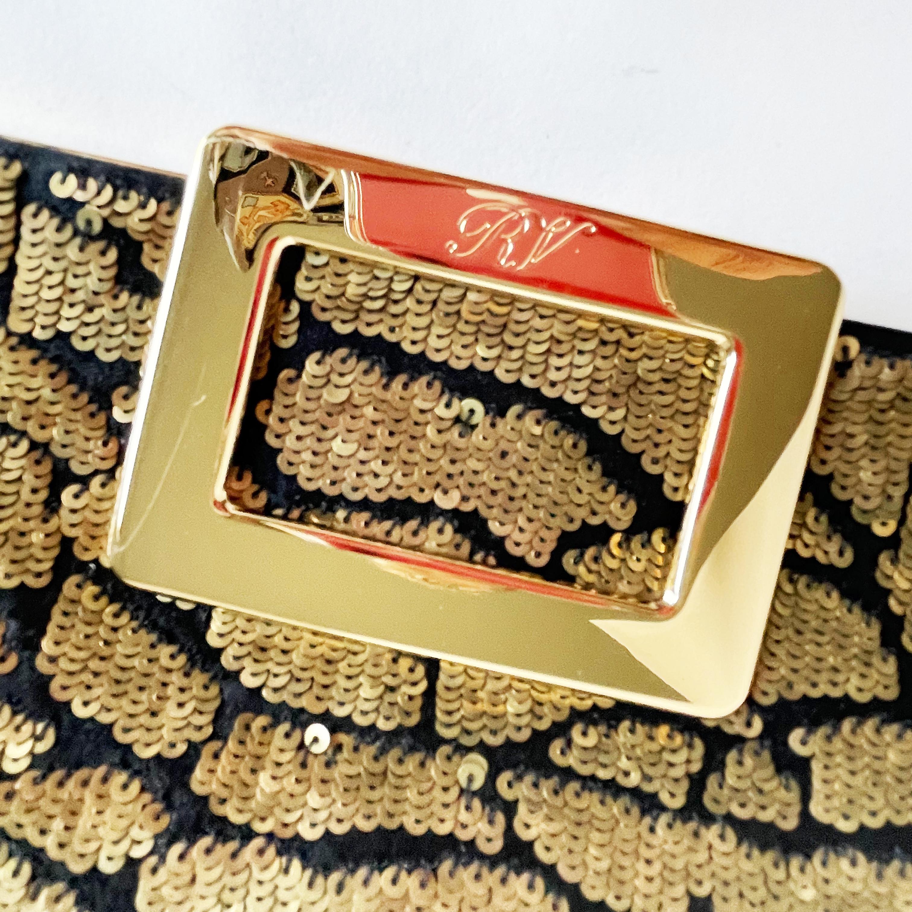 Women's or Men's Roger Vivier Clutch Crossbody Evening Bag Gold Sequins Black Satin Embellished For Sale