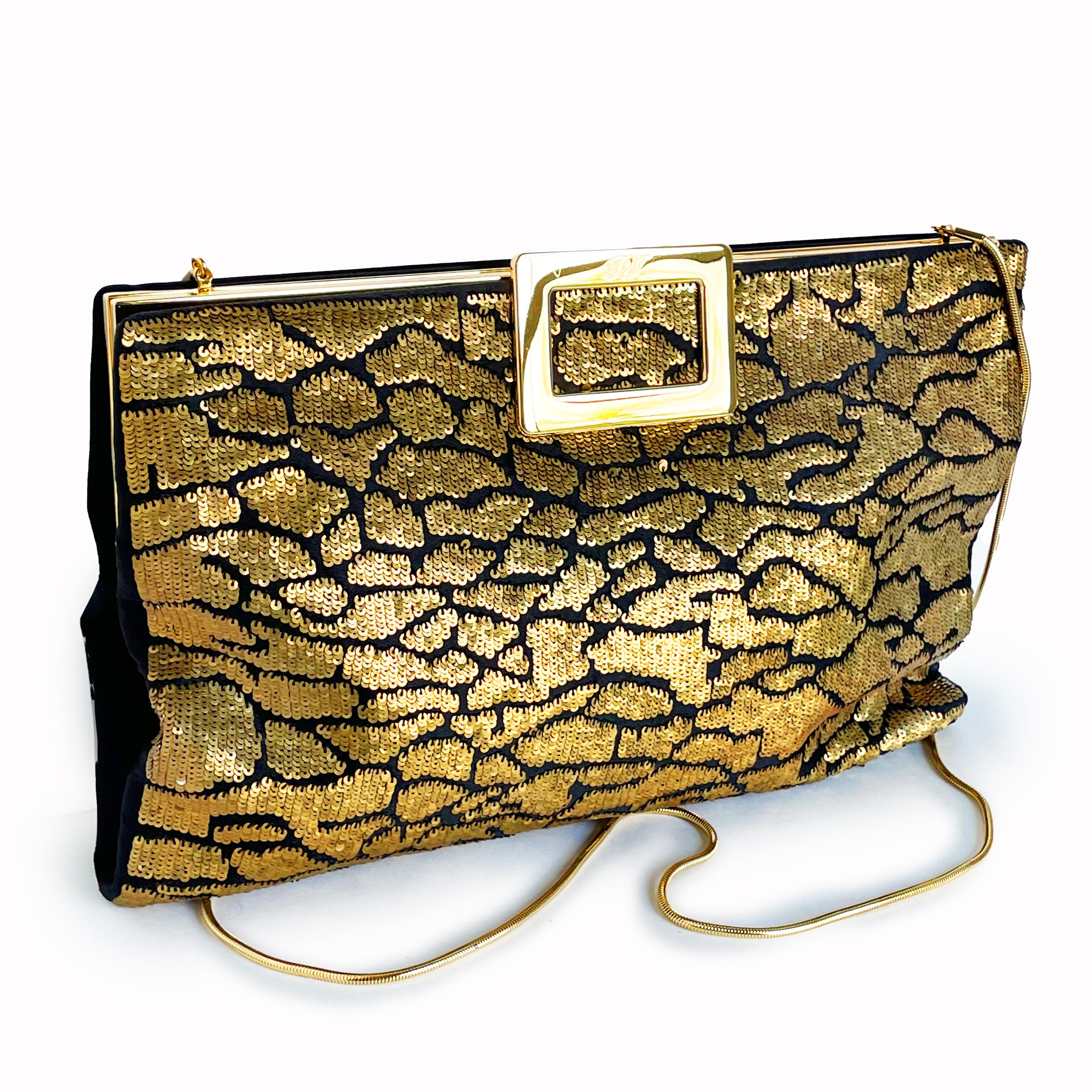 Roger Vivier Clutch Crossbody Evening Bag Gold Sequins Black Satin Embellished For Sale 2