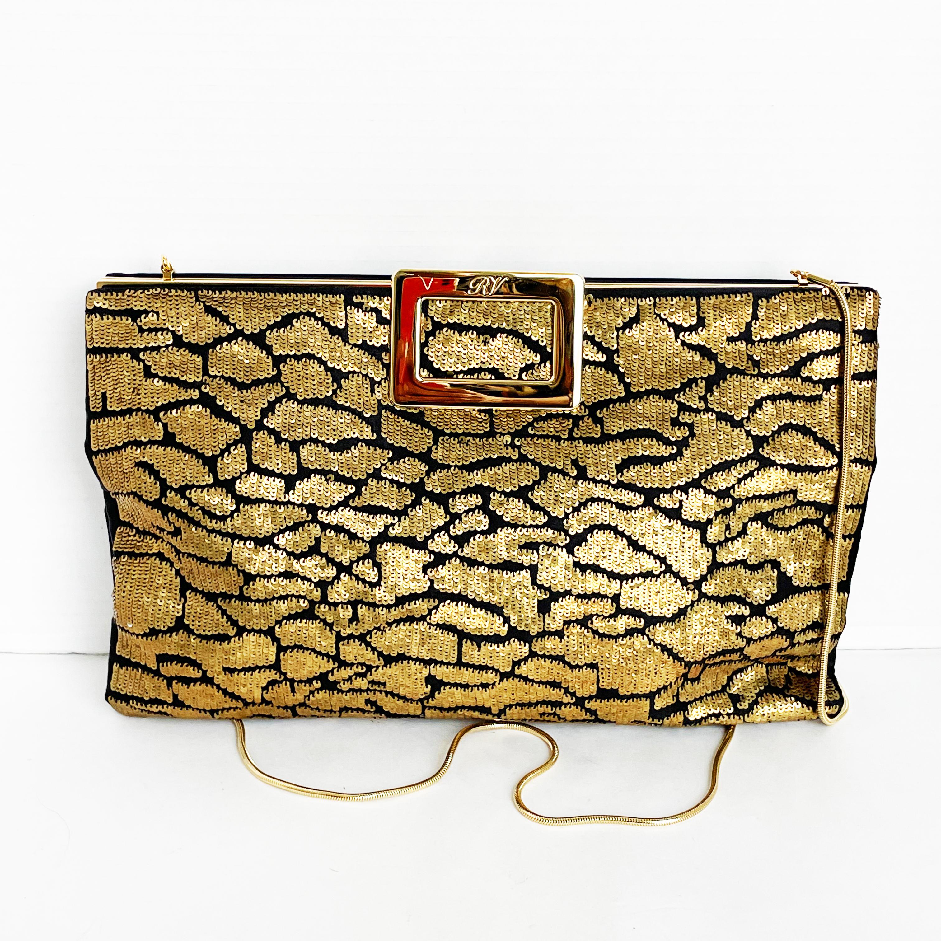 Roger Vivier Clutch Crossbody Evening Bag Gold Sequins Black Satin Embellished For Sale 3