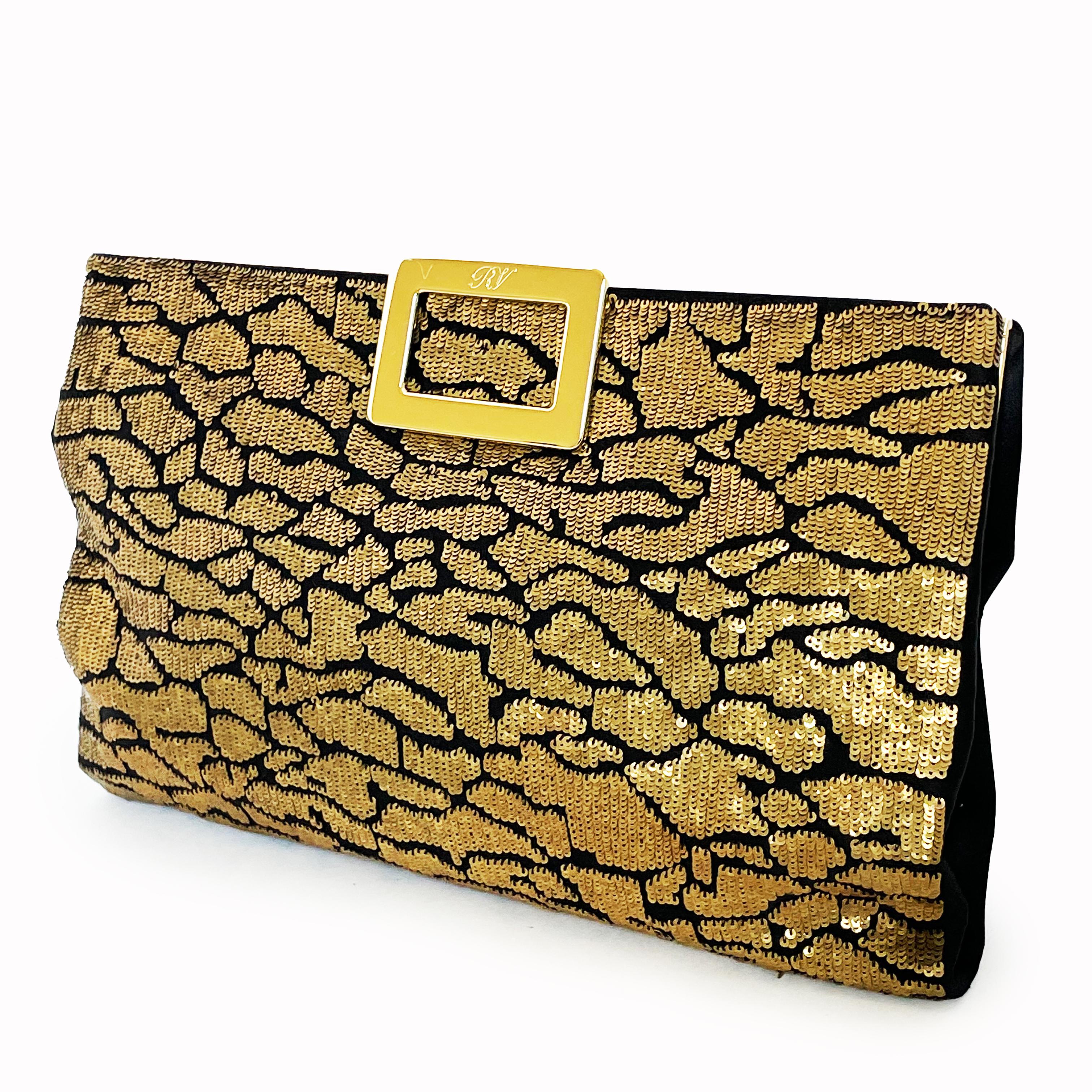 Roger Vivier Clutch Crossbody Evening Bag Gold Sequins Black Satin Embellished For Sale 4