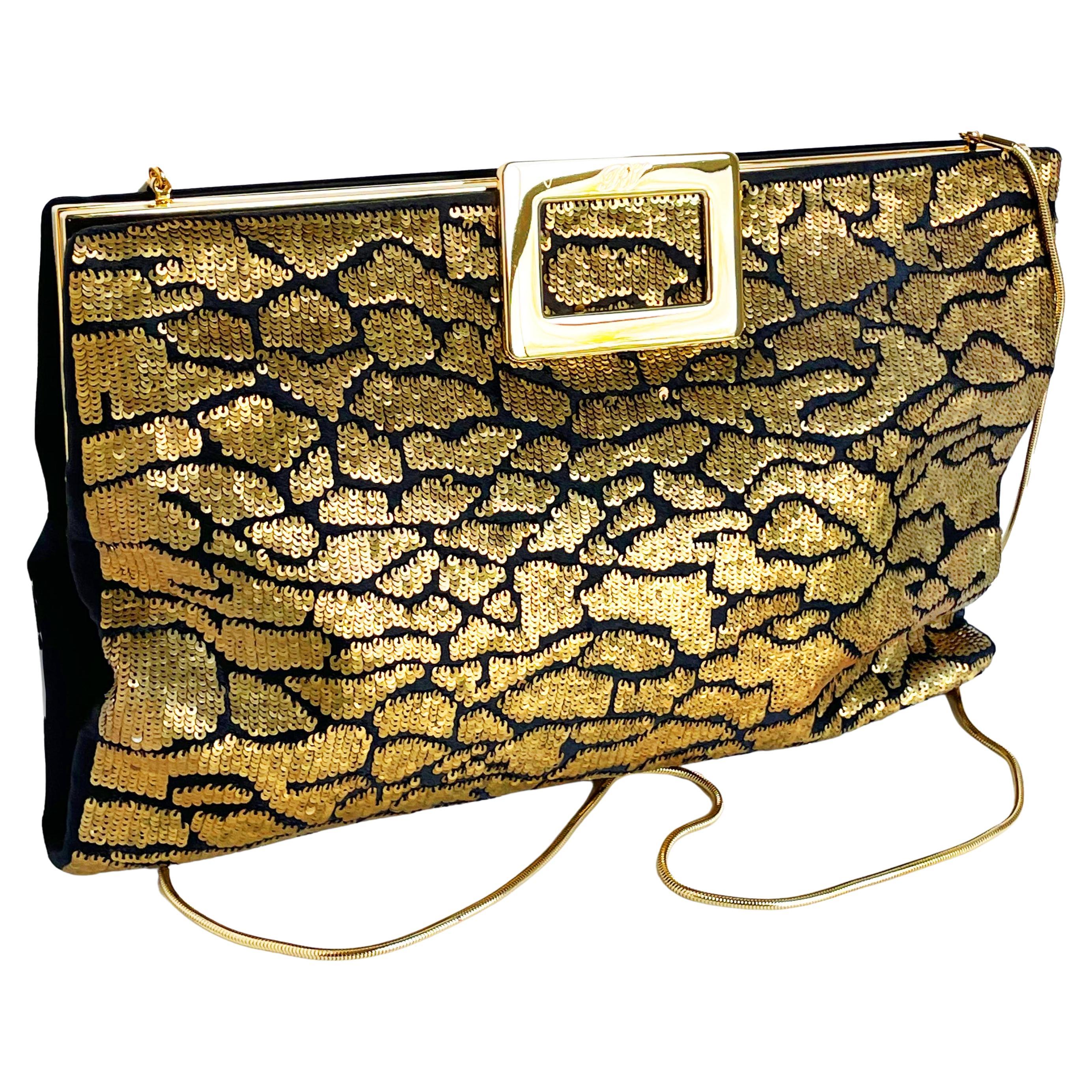 Roger Vivier Clutch Crossbody Evening Bag Gold Sequins Black Satin Embellished For Sale