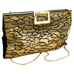 Roger Vivier Clutch Crossbody Evening Bag Gold Sequins Black Satin Embellished
