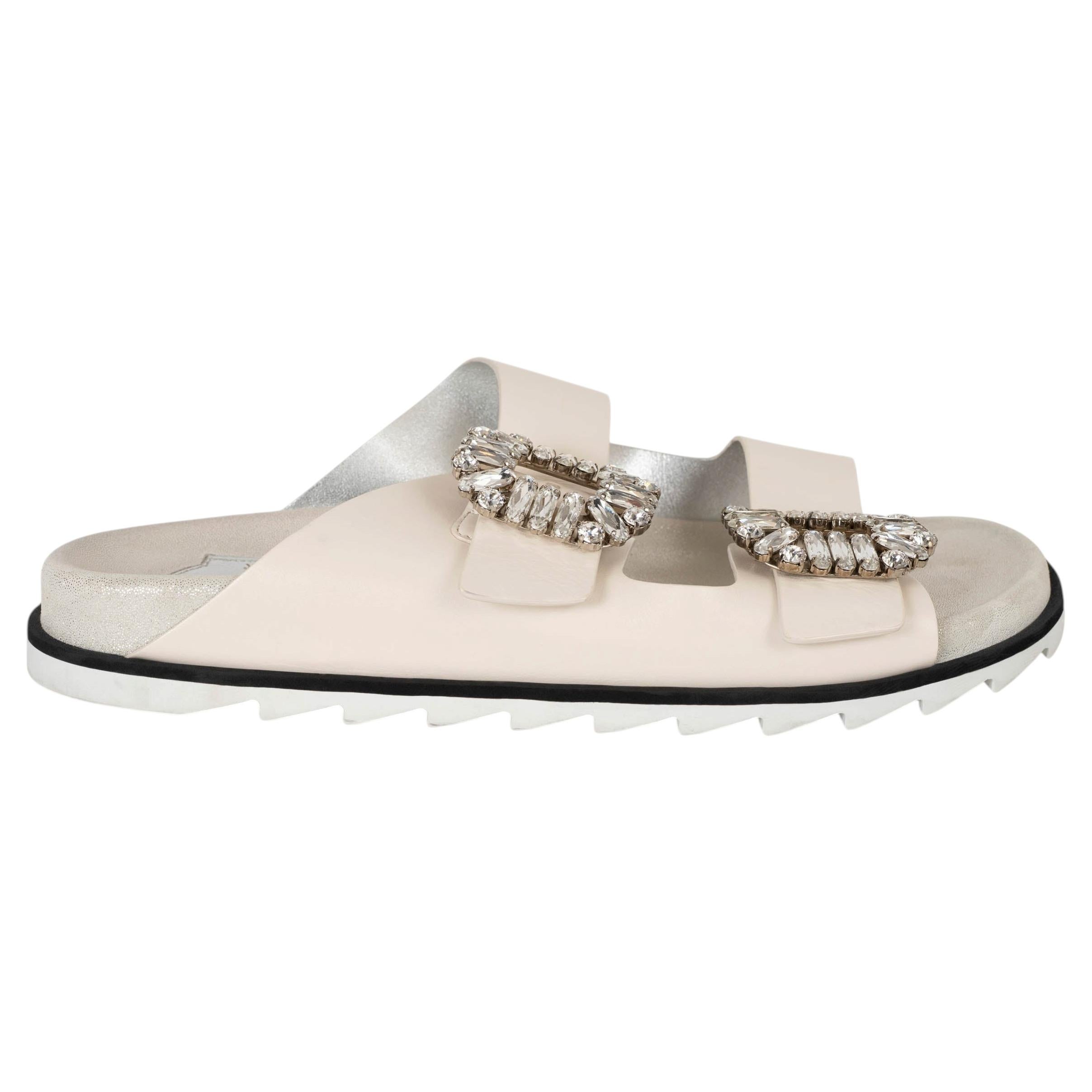 ROGER VIVIER cream leather SLIDY VIV CRYSTAL SLIDE Sandals Shoes 39 For Sale