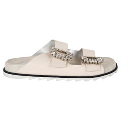 ROGER VIVIER cuir crème SLIDY VIV CRYSTAL SLIDE Sandales Chaussures 39