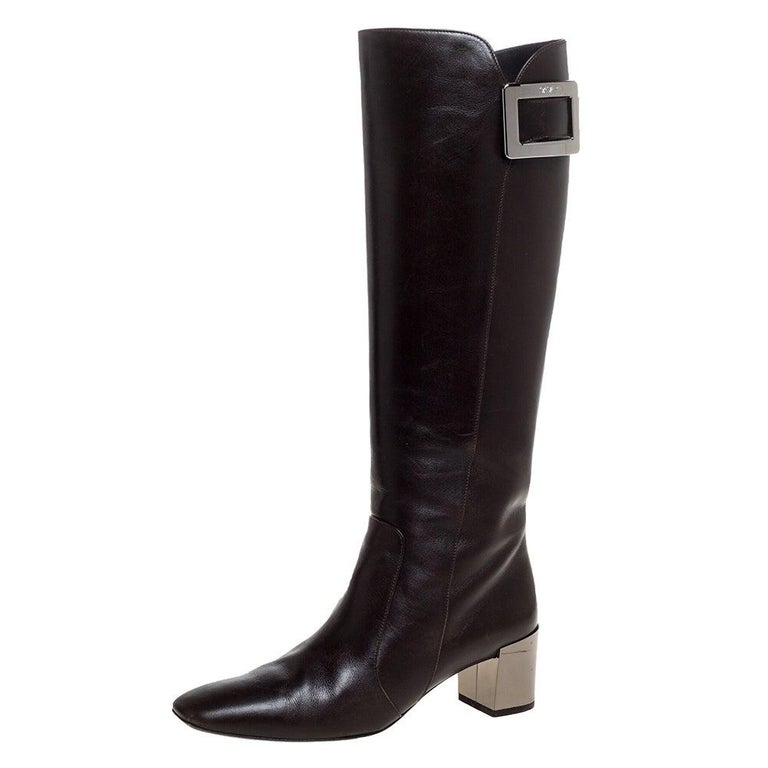 Roger Vivier Dark Brown Leather Buckle Detail Knee Length Boots Size 36 ...