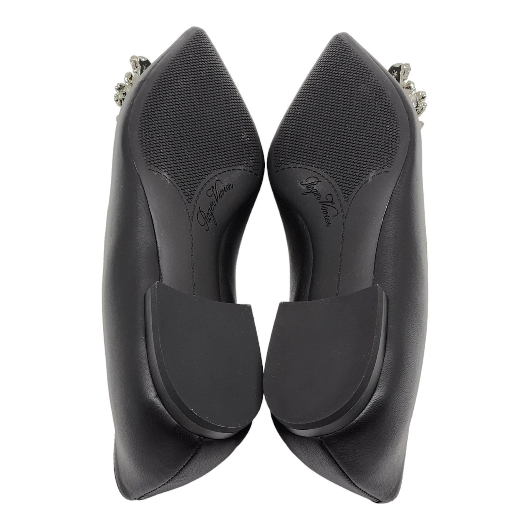 Women's Roger Vivier Flower Strass Leather Ballet Flats Leather in Black For Sale