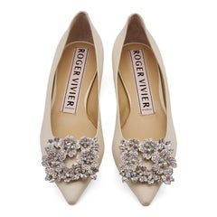 Roger Vivier Flower Strass Leather Ballet Flats Leather in Ivory Size 5