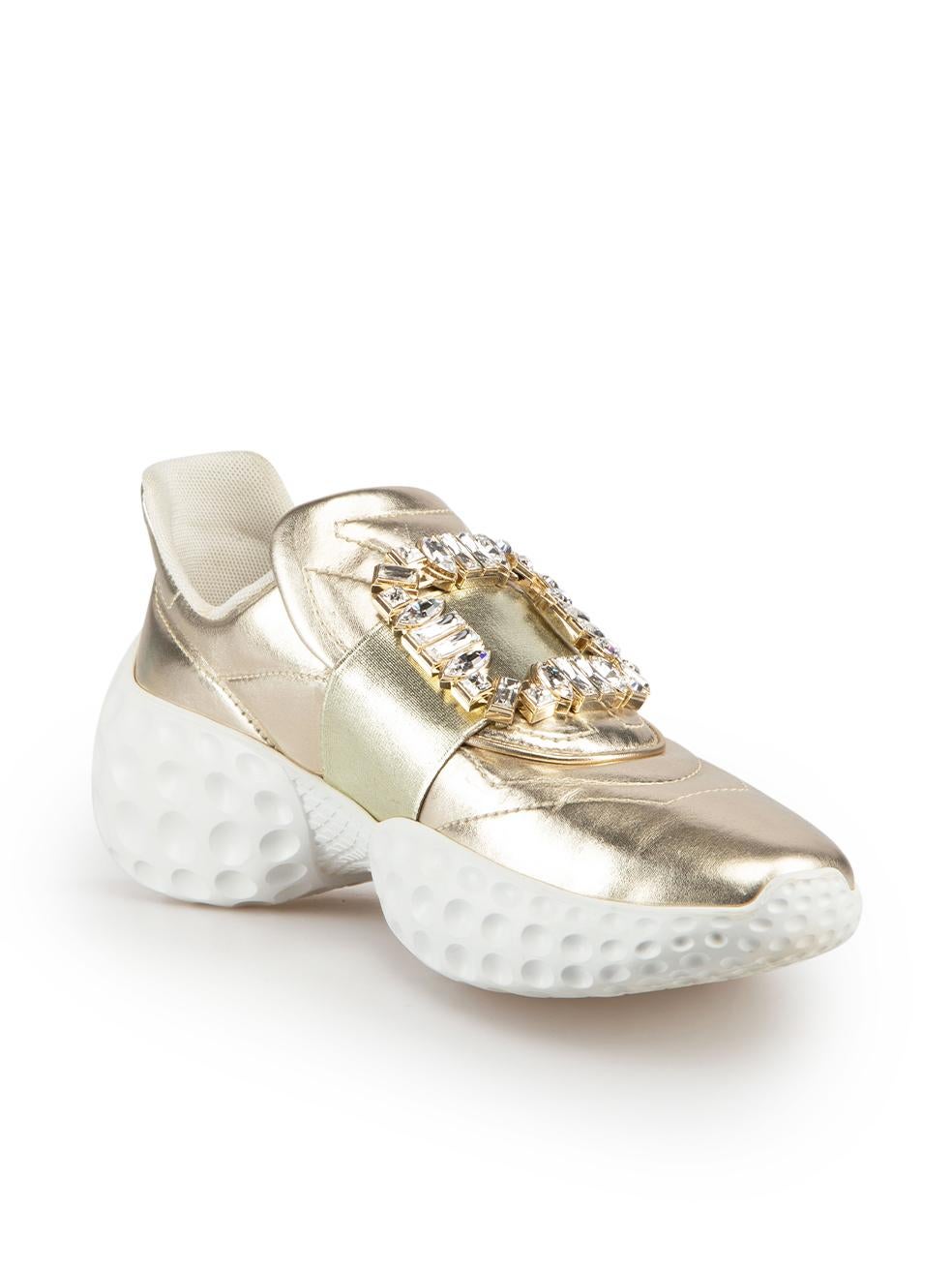 CONDITION is Very good. Minimal wear to trainers is evident. Minimal wear to both sides of both trainers with light scratches to the leather on this used Roger Vivier designer resale item.
 
 Details
 Gold
 Leather
 Low top trainers
 Round toe
