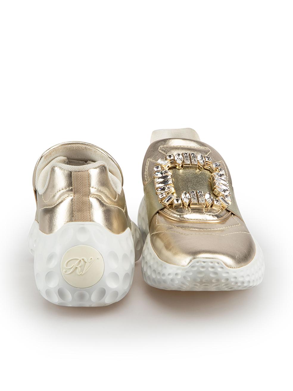 Roger Vivier Gold Leather Embellished Buckle Trainers Size IT 38 In Good Condition In London, GB