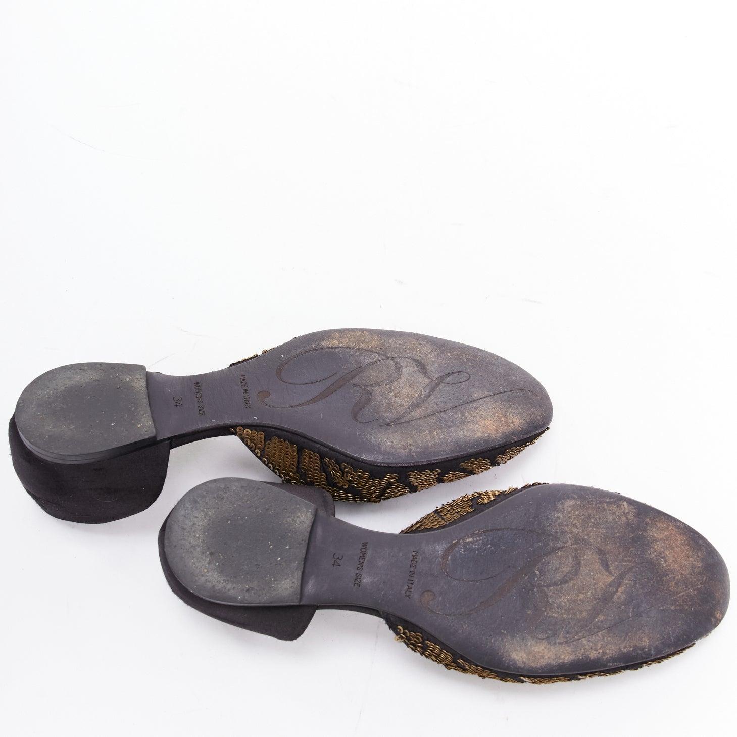 ROGER VIVIER Ballerines demi-dorsales en satin noir à paillettes d'or EU34 en vente 6