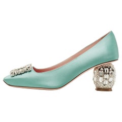 Roger Vivier Green Satin and Crystal Embellished Square Toe Pumps Size 38