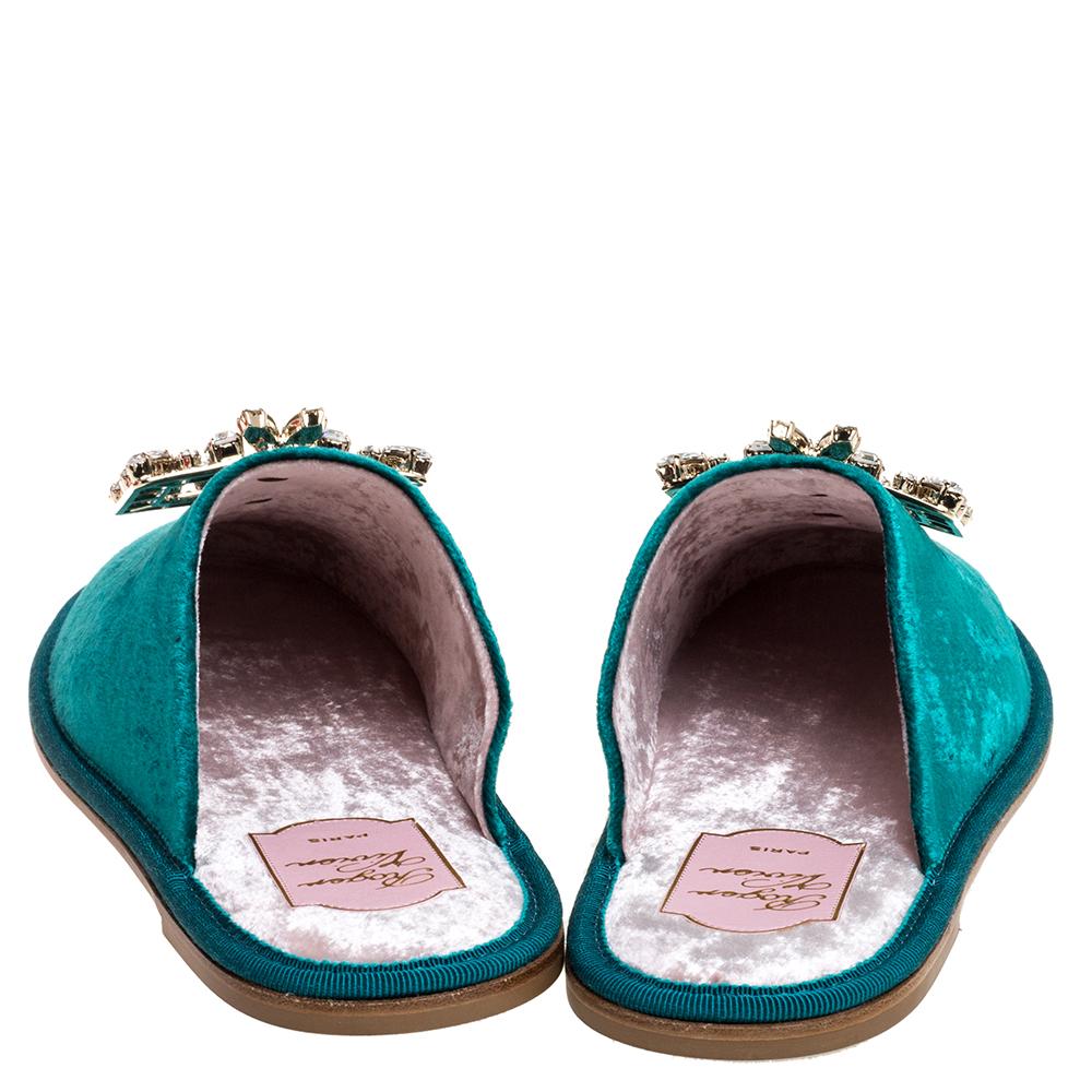 Roger Vivier Green Velvet Hotel Vivier Crystal-Embellished Flat Slippers Size 37 3