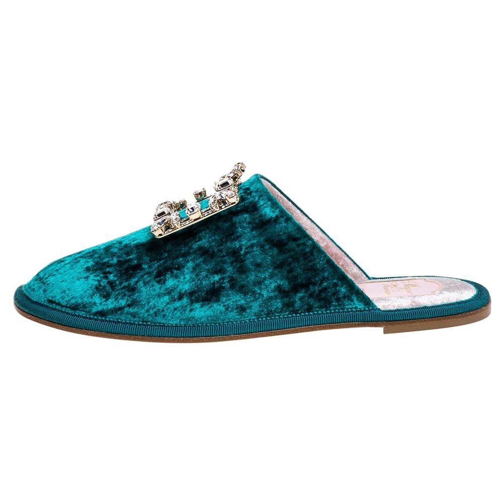 Roger Vivier Green Velvet Hotel Vivier Crystal-Embellished Flat Slippers Size 37