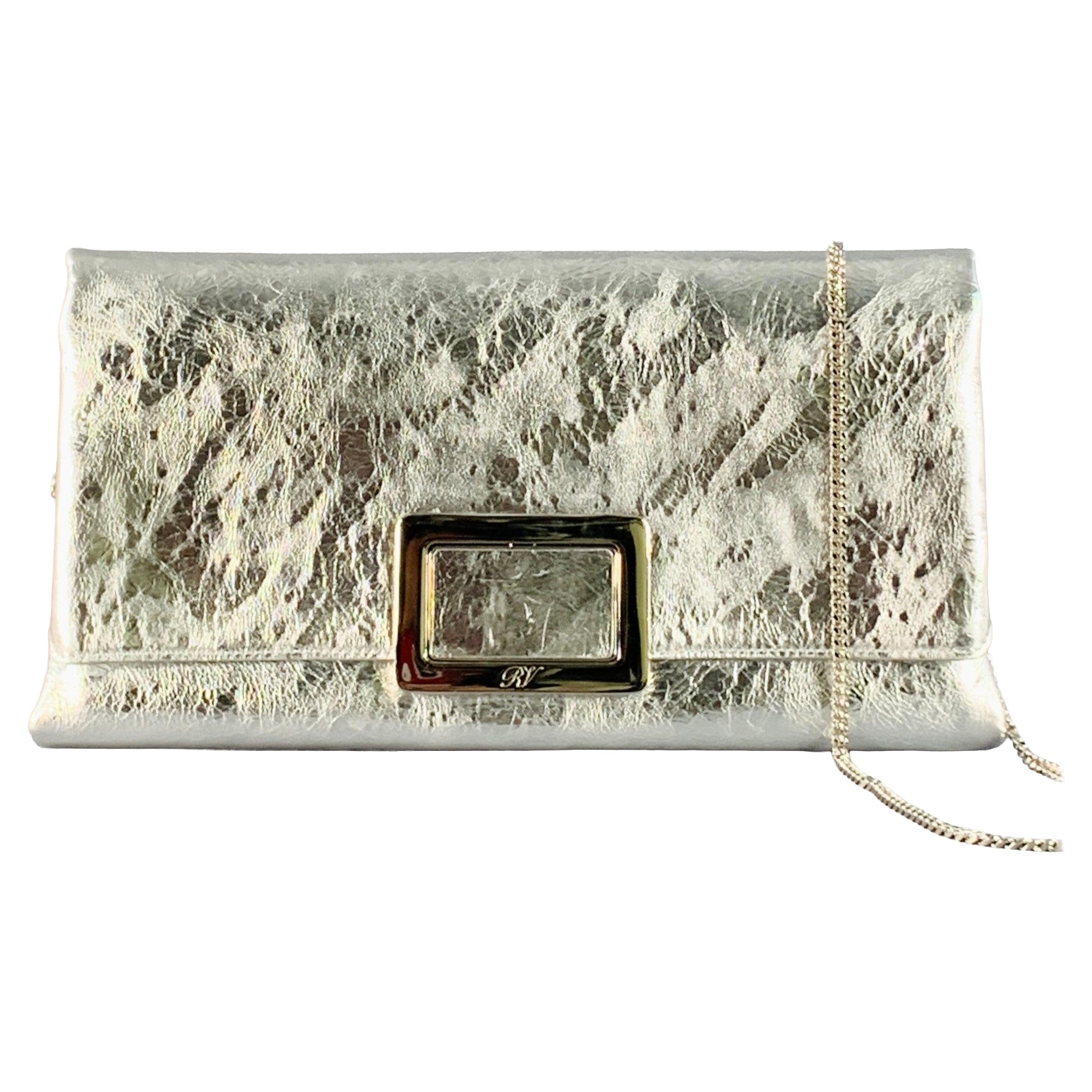 ROGER VIVIER Metallic Silver Textured Leather Clutch Handbag