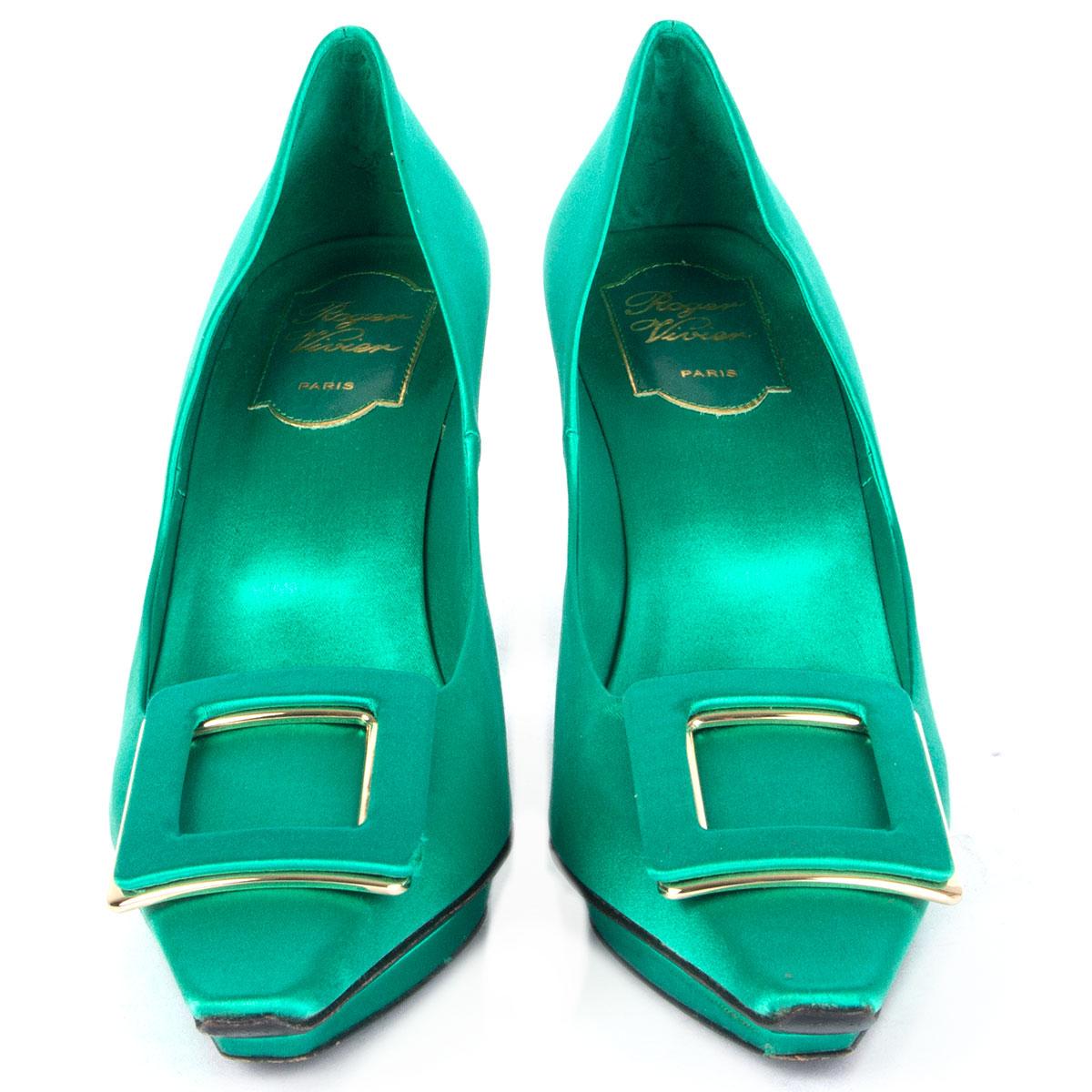 100% authentic Roger Vivier platform pointed-toe pumps in mint green silk satin featuring signature buckle detail. Have been worn with a small scratch on the right shoes buckle. Overall in very good condition. 

Measurements
Imprinted Size	38
Shoe