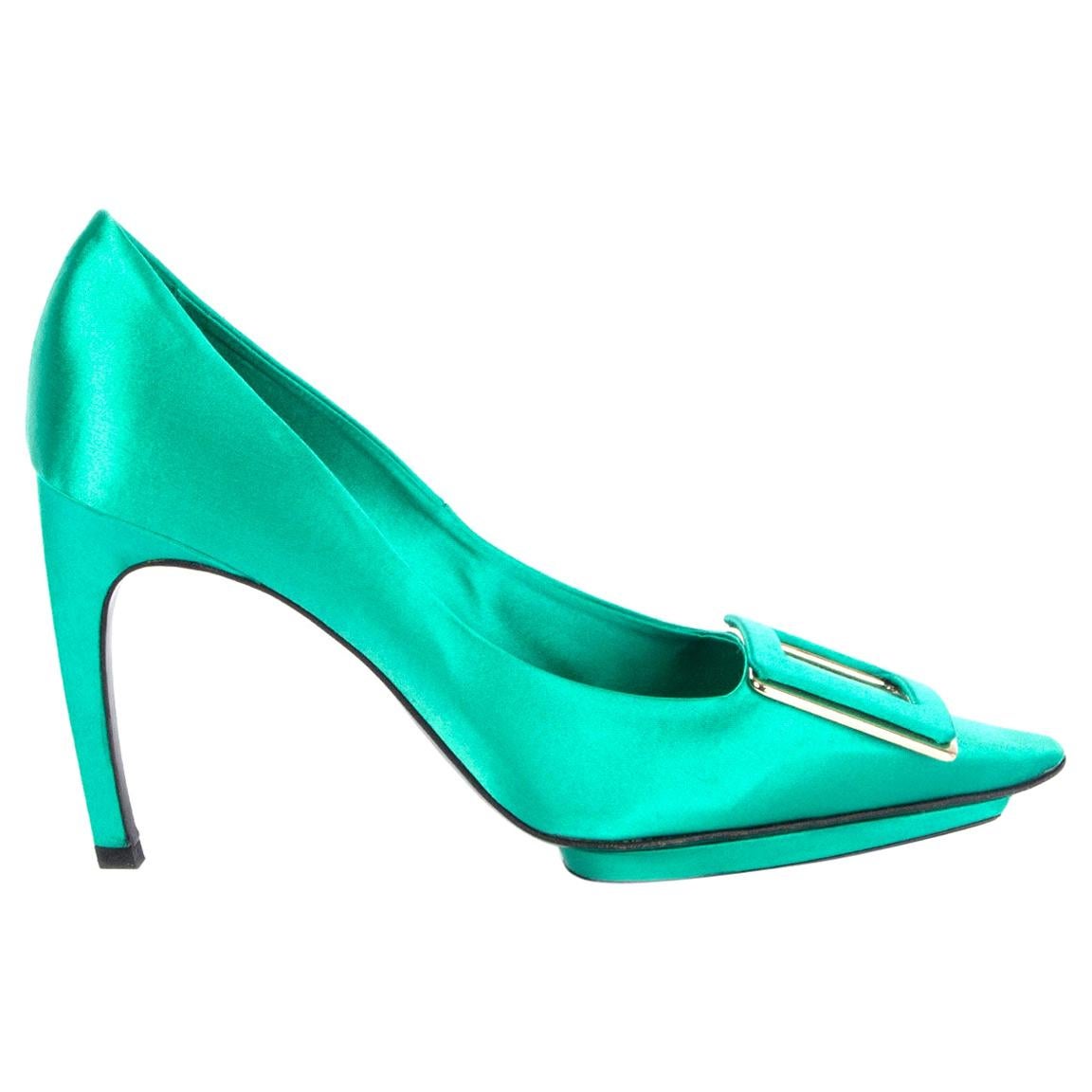 ROGER VIVIER mint green satin Pointed-Toe Buckle Pumps Shoes 38 For Sale