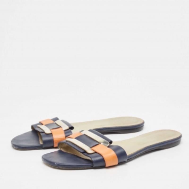 Gray Roger Vivier Multicolor Leather Vivier Flat Slides Size 39 For Sale