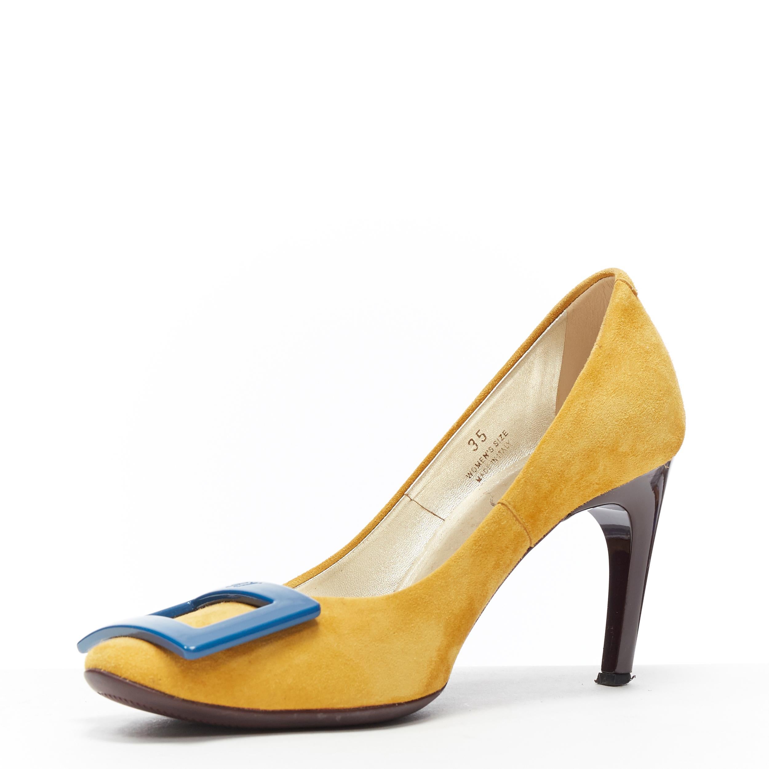 ROGER VIVIER mustard yellow suede blue square buckle round toe pump EU35 In Fair Condition In Hong Kong, NT