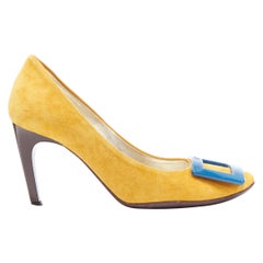 ROGER VIVIER mustard yellow suede blue square buckle round toe pump EU35