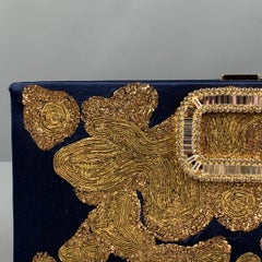 ROGER VIVIER Navy Gold Embroidered Silk Clutch Handbag