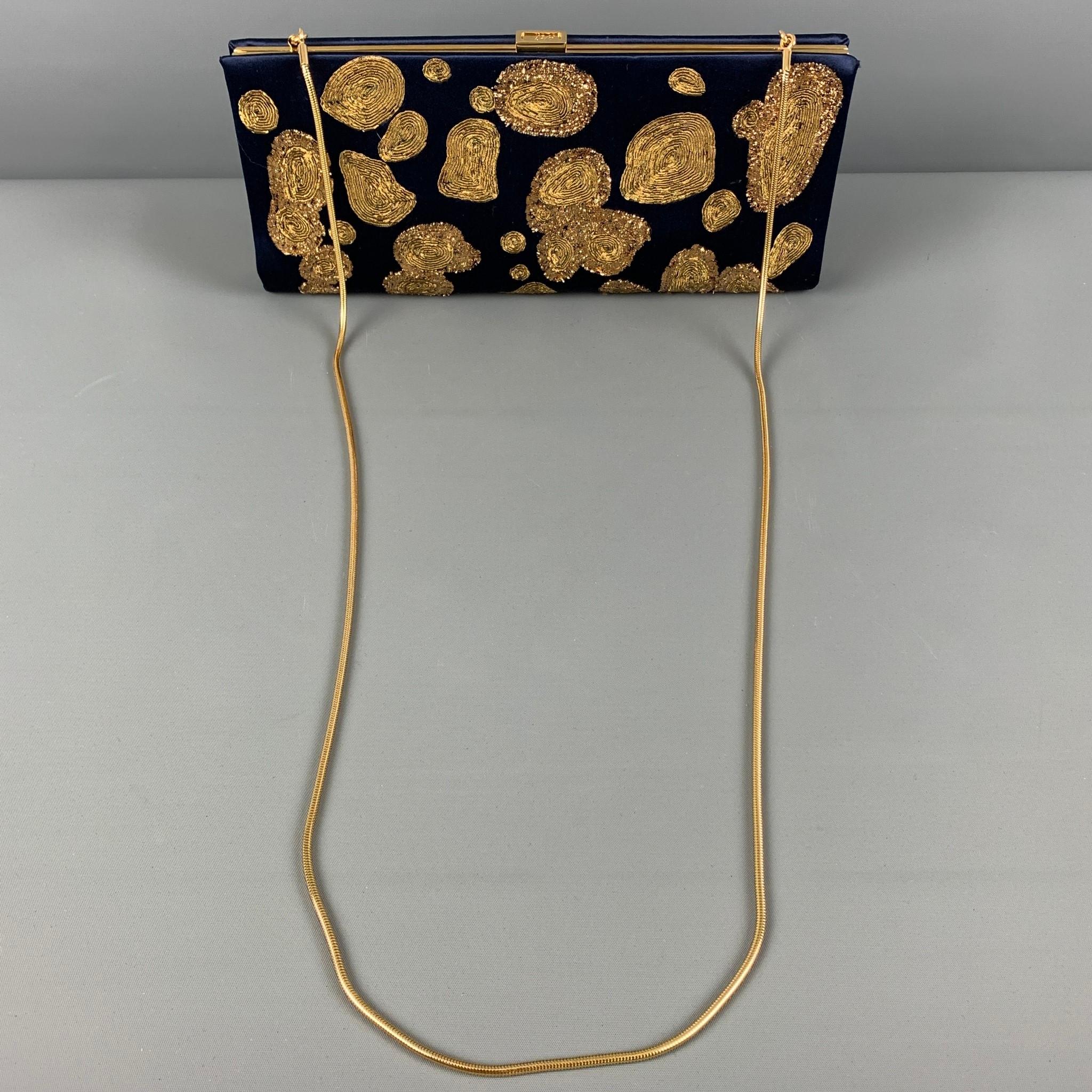 ROGER VIVIER Navy Gold Embroidered Silk Clutch Handbag In Excellent Condition In San Francisco, CA