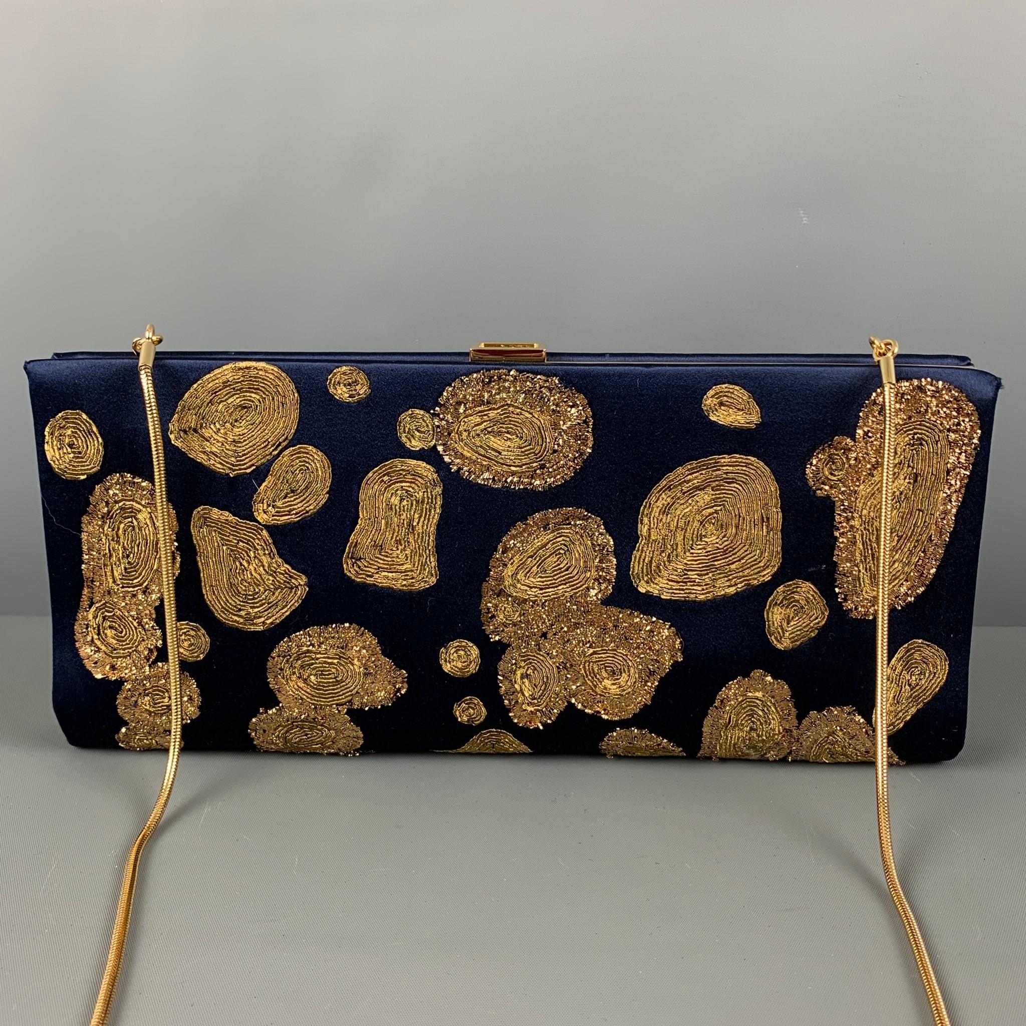 Women's ROGER VIVIER Navy Gold Embroidered Silk Clutch Handbag