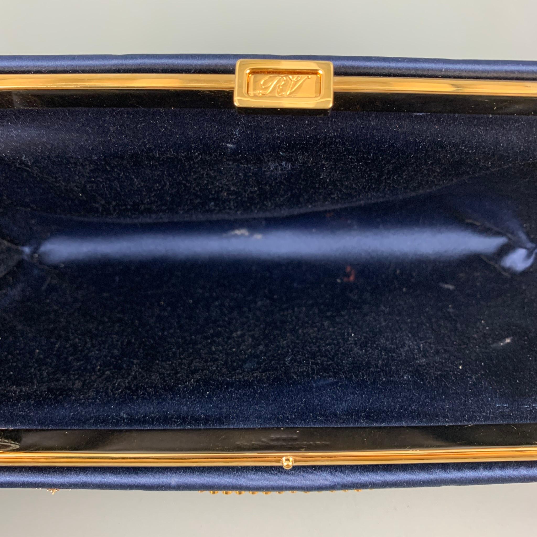 ROGER VIVIER Navy Gold Embroidered Silk Clutch Handbag 1