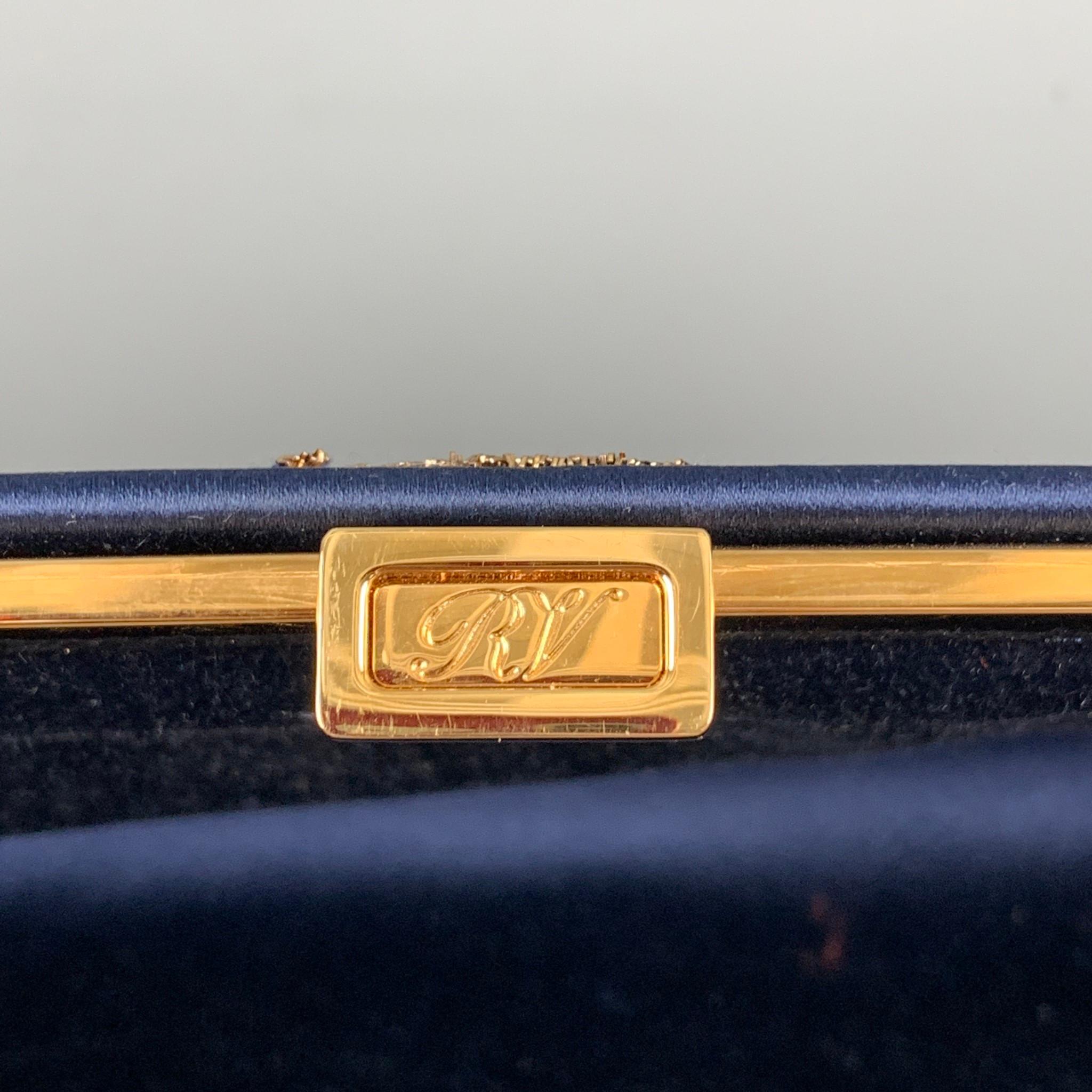 ROGER VIVIER Navy Gold Embroidered Silk Clutch Handbag 2