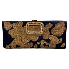 ROGER VIVIER Navy Gold Embroidered Silk Clutch Handbag
