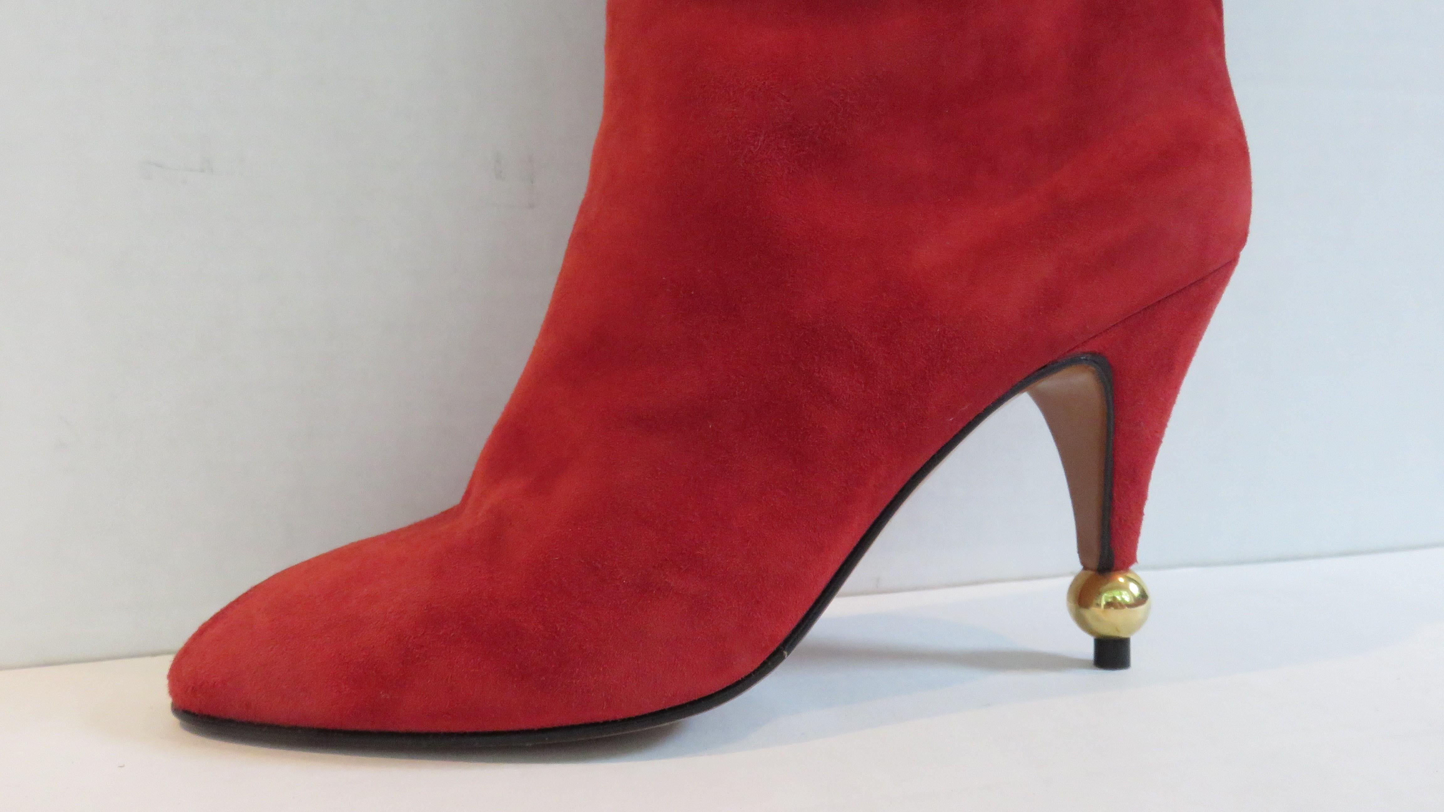Gorgeous red suede boot by Roger Vivier from his original ball heel collection in the 1980s. They have a straight 13