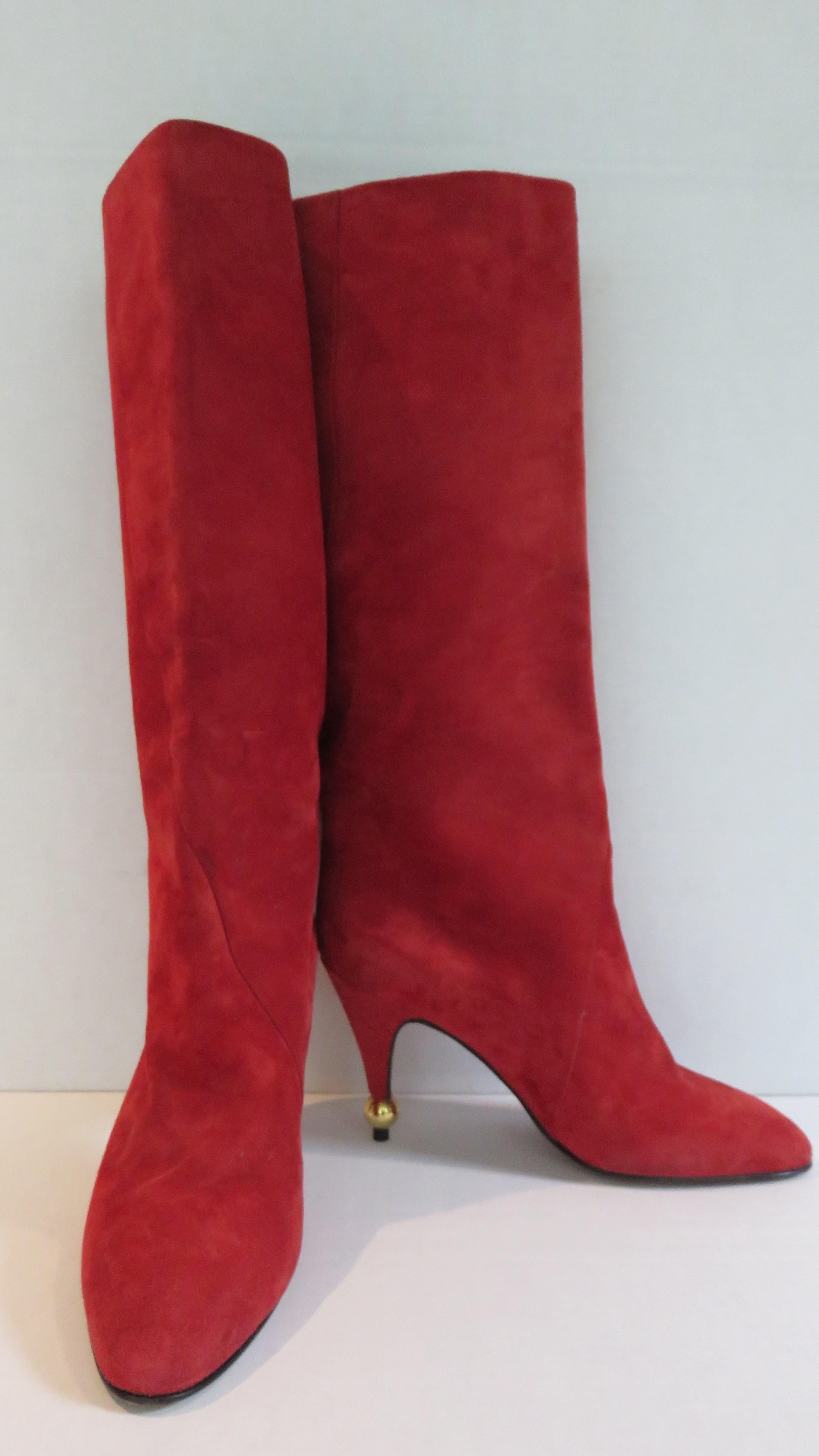 Red Roger Vivier New Vintage 1980s Suede Ball Heel Boots Size 8 For Sale