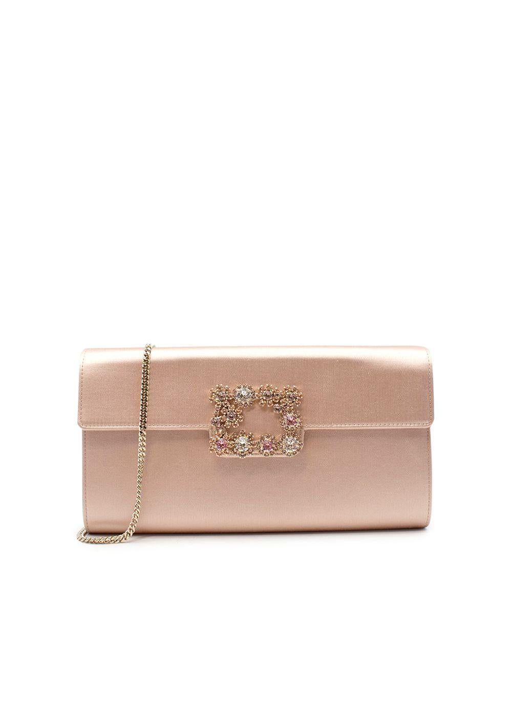 Roger Vivier Nude-Pink Satin Flower Strass Chain Clutch

- Classic flap clutch in nude-pink satin with lustre
- Adorned with a signature square-shaped brooch with floral motifs
- Magnet closure
- Rose-gold tone metal chain strap
-Two internal